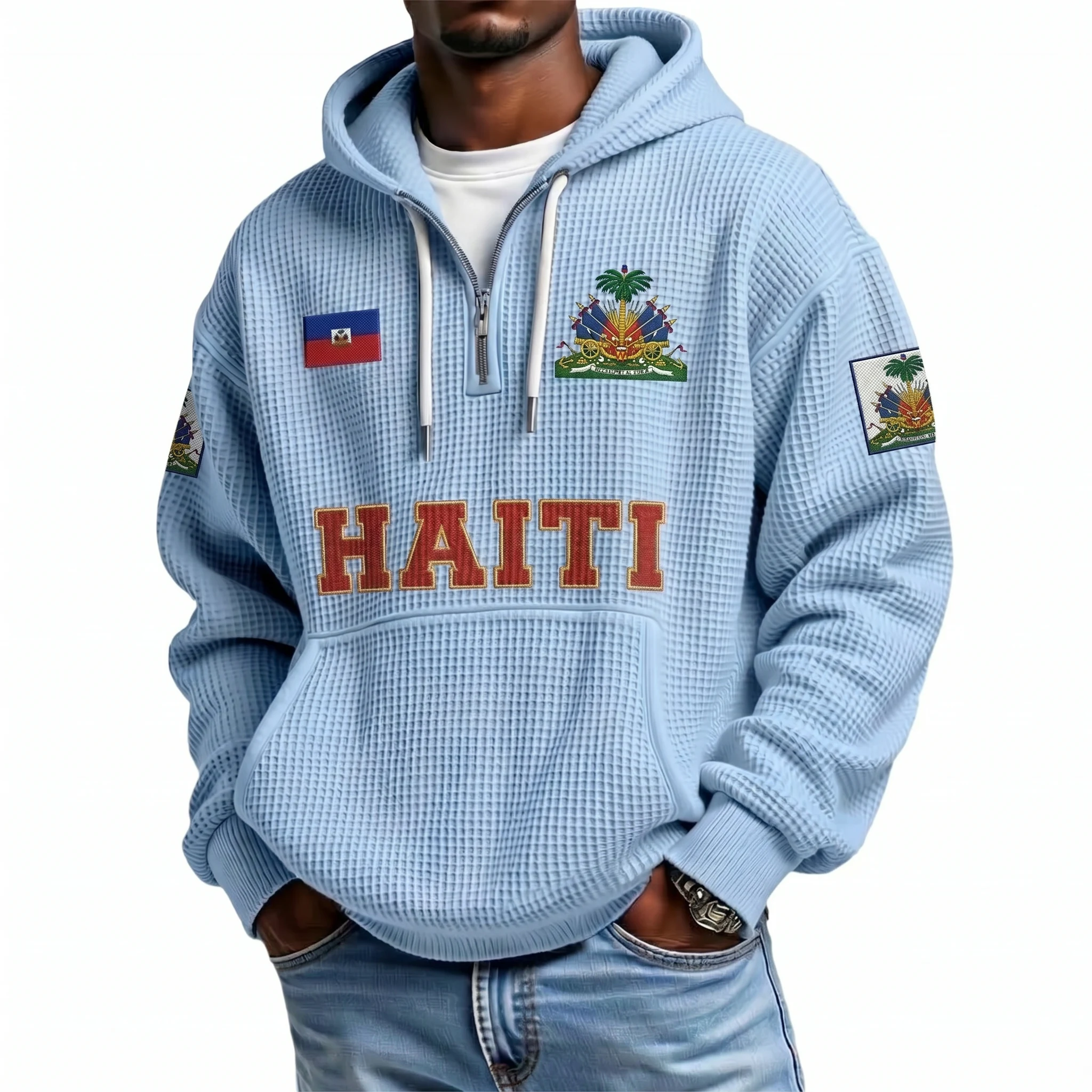 Haiti Printed Waffle Quarter Zip Football Fan Hoodie