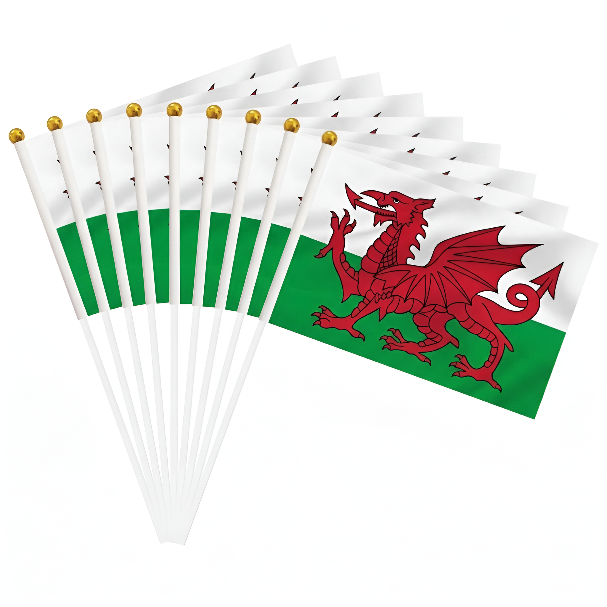 10 Pieces Of Official FIFA 2026 Wales Mini Flags flying on outdoor flagpole