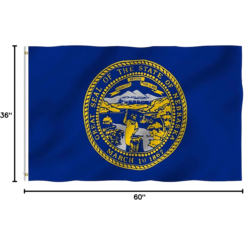 Nebraska State Flag With Brass Grommets And Stitched Edges flying on outdoor flagpole