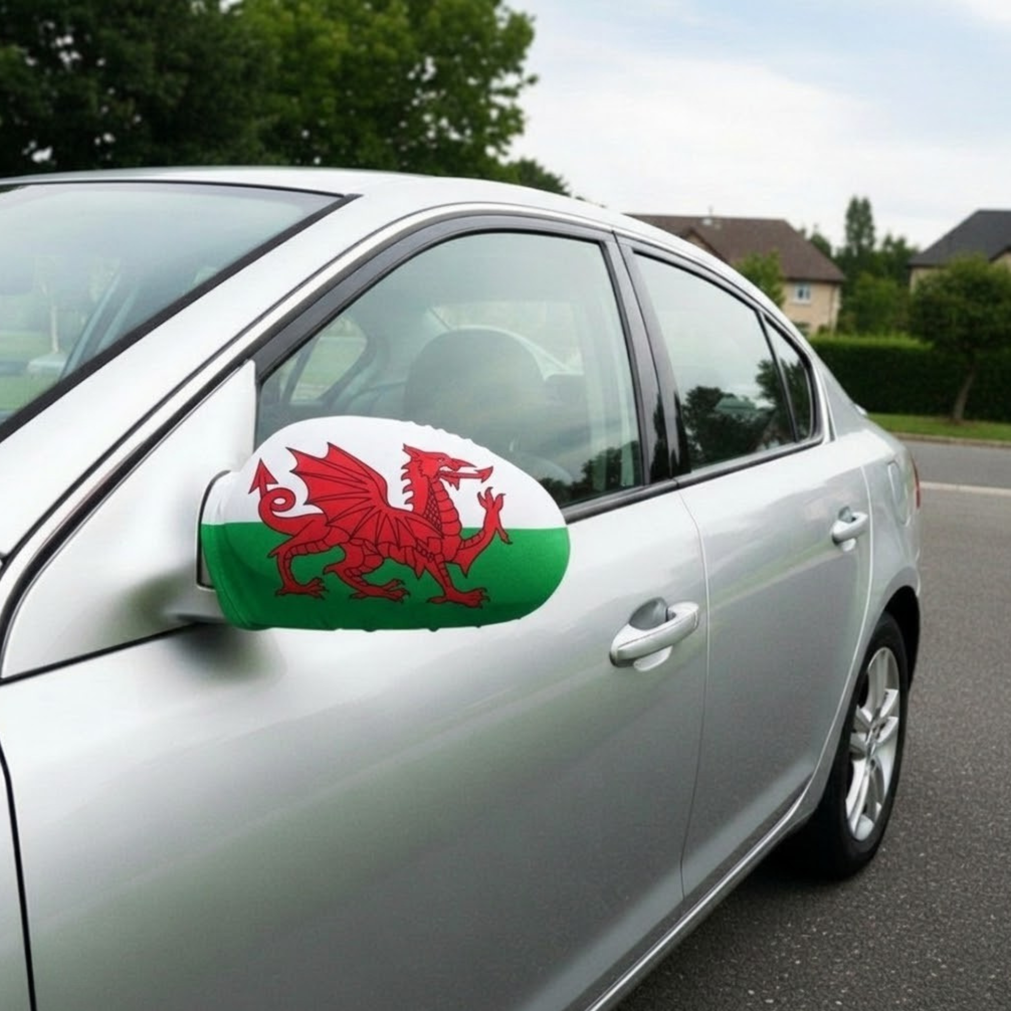 Official FIFA 2026 Wales Car Mirror Flag attached to car side mirror