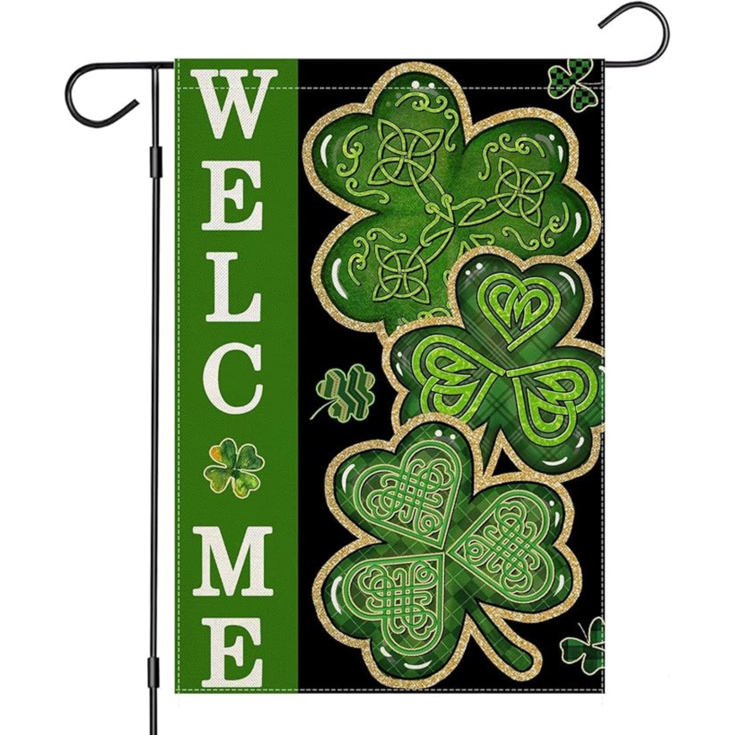 Welcome Shamrocks Garden Flags displayed outdoors on garden stake