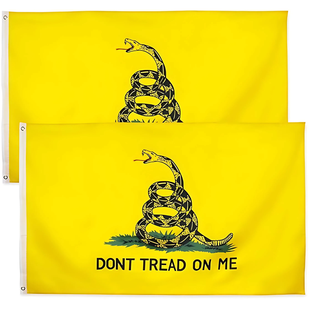 Historic Coiled Snake Printed Flag With Bold Emblem close-up showing fabric texture and vivid colors