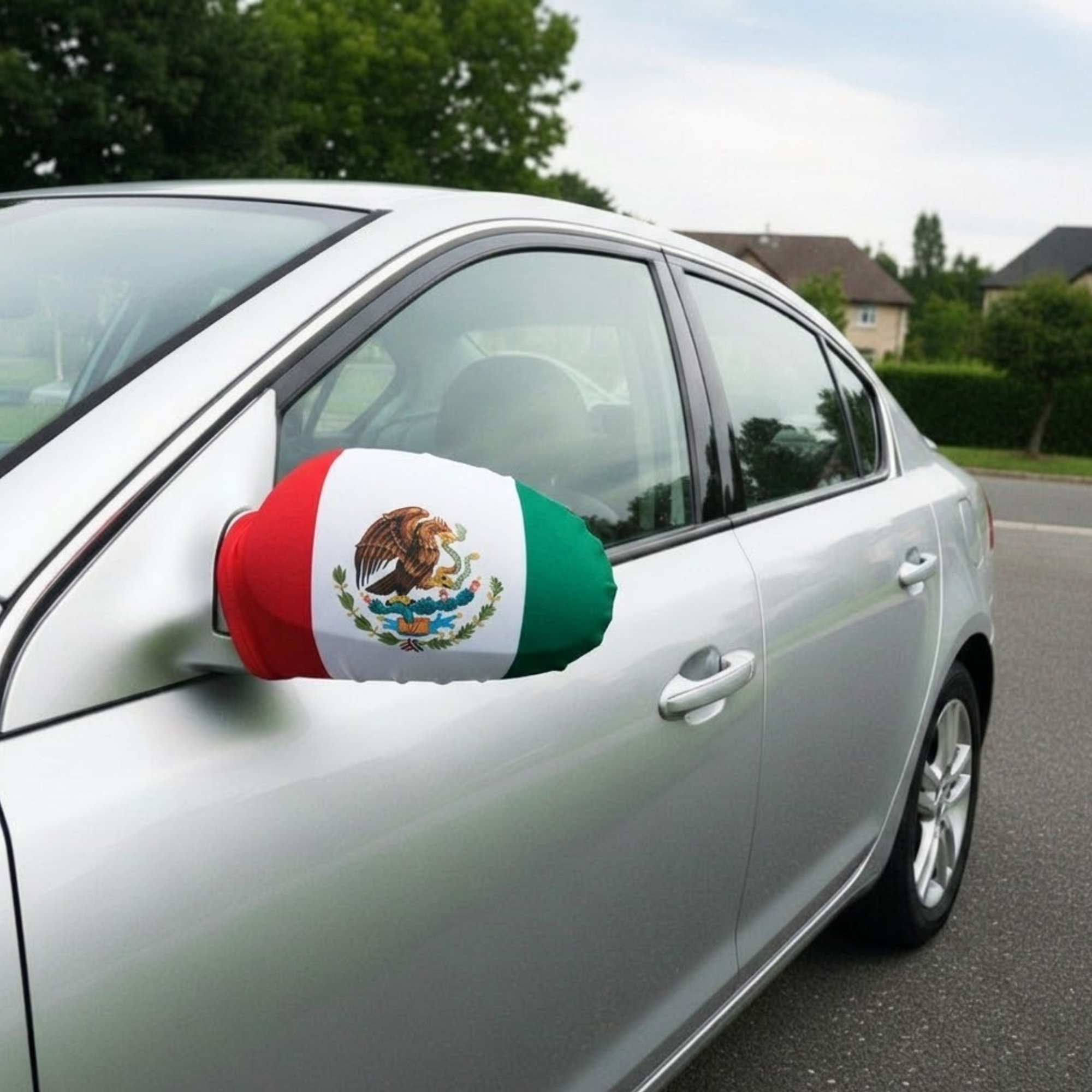 Official FIFA 2026 Mexico Car Mirror Flag attached to car side mirror