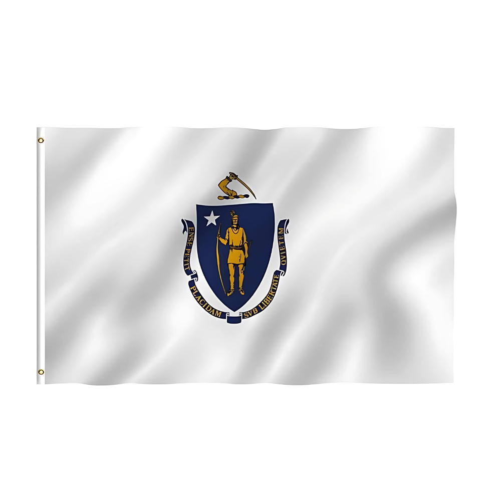 Massachusetts State Flag With Embroidered Emblem For Display - front view on white background