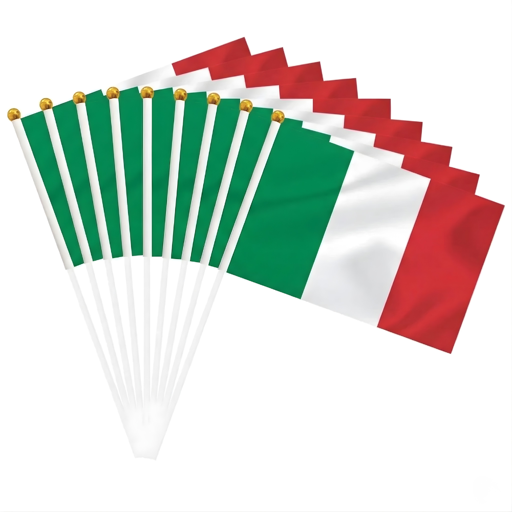 10 Pieces Of Official FIFA 2026 Italy Mini Flags flying on outdoor flagpole
