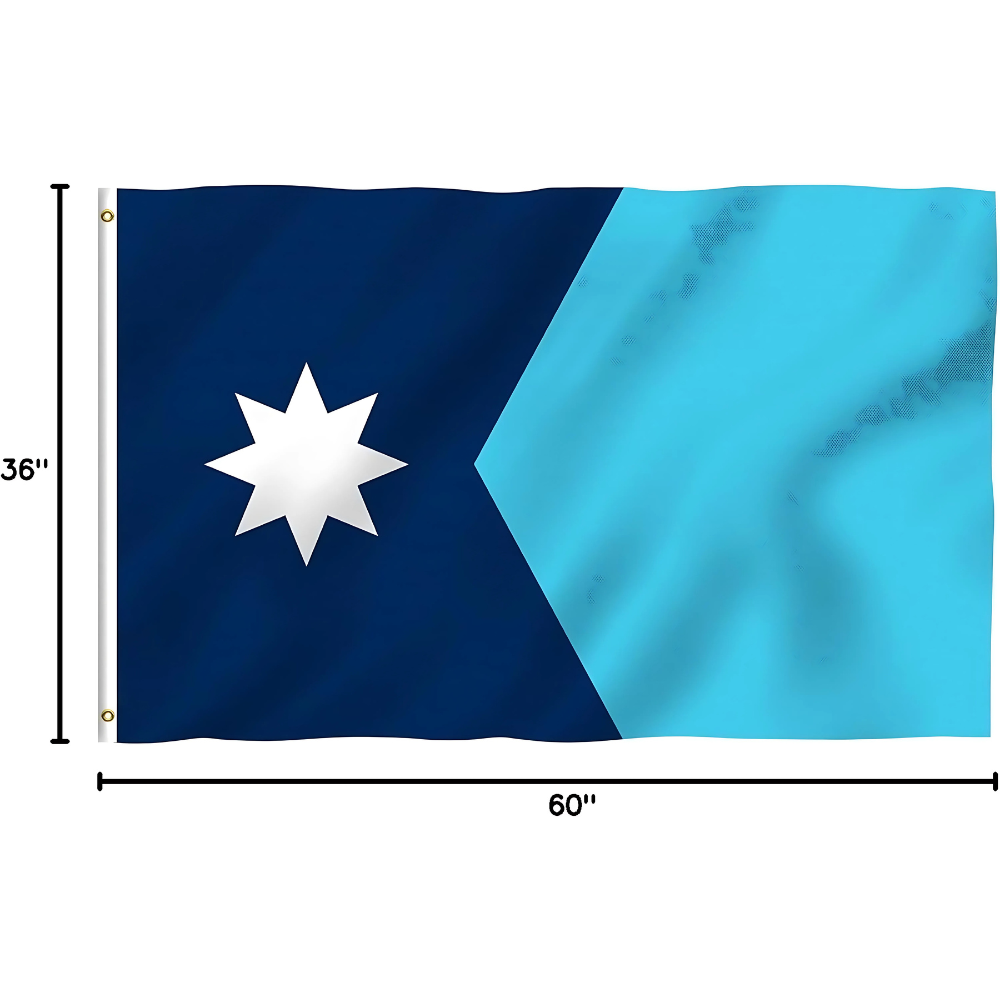 Minnesota State Flag With Geometric Star Design flying on outdoor flagpole