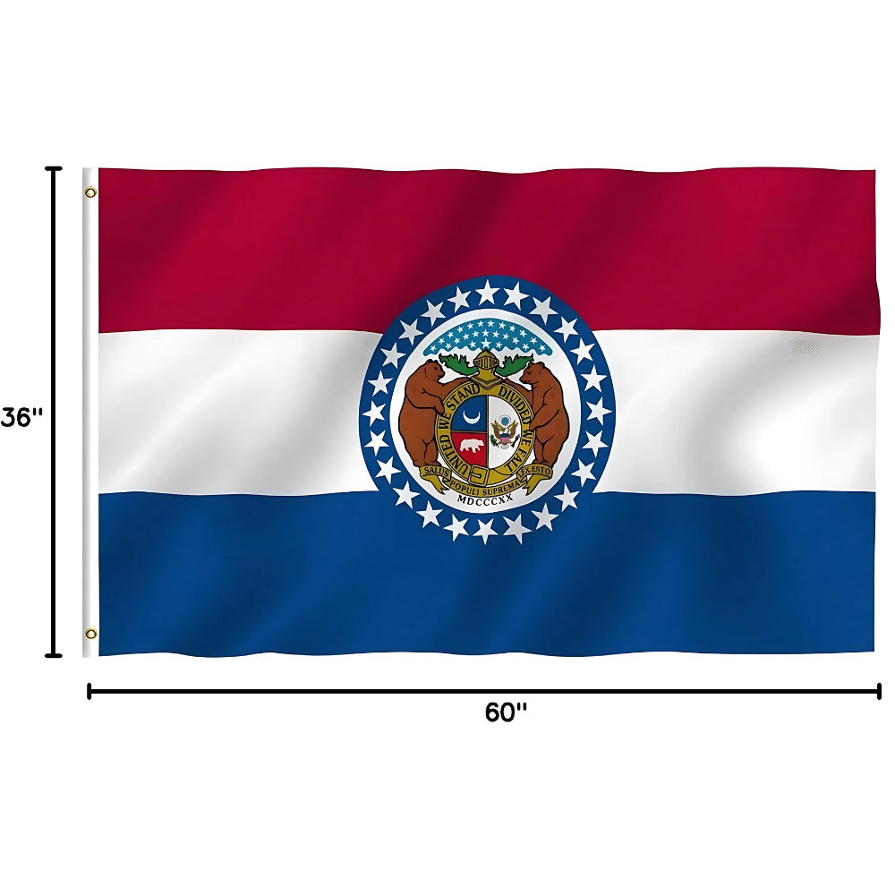 Missouri State Flag With Emblem And Star Circle flying on outdoor flagpole