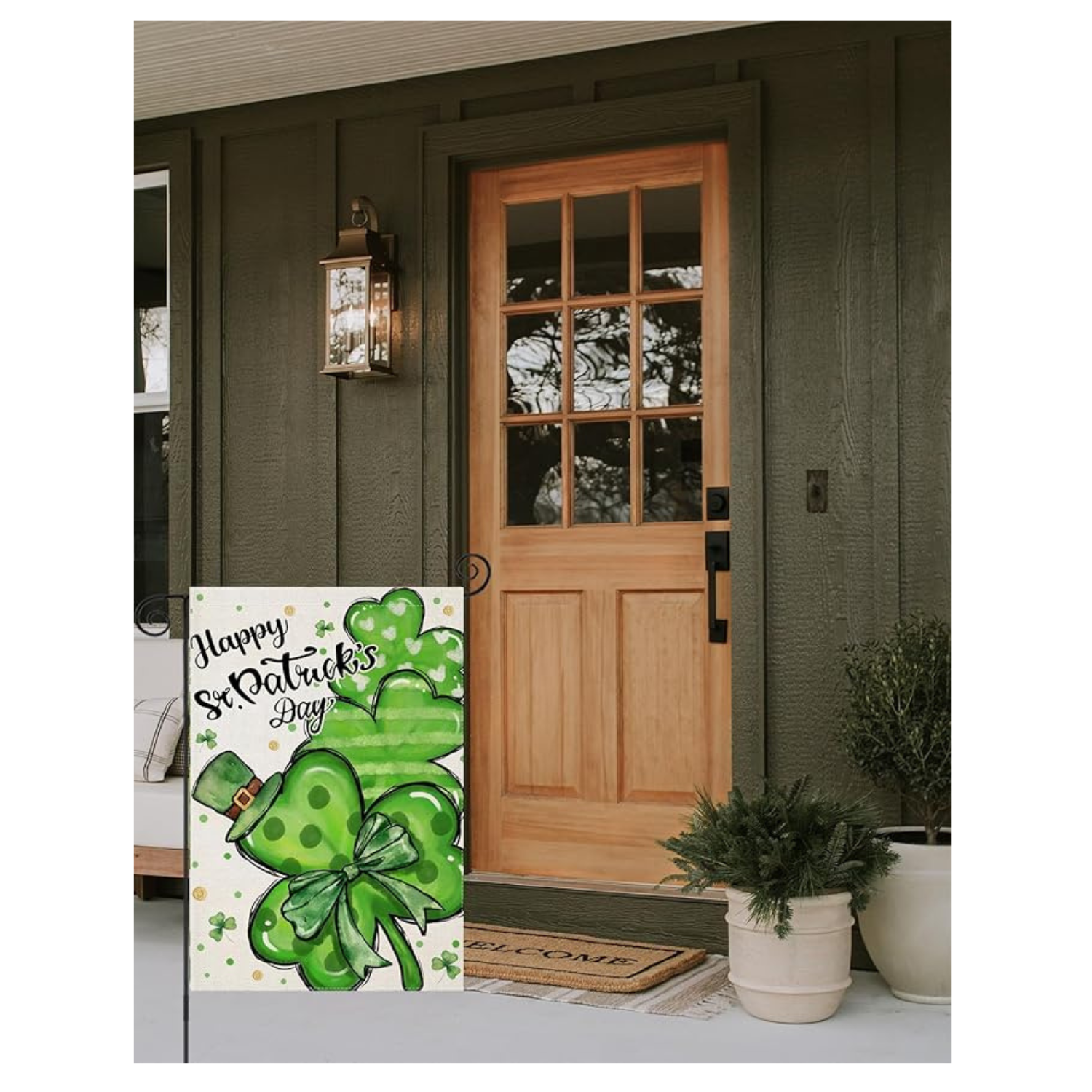 Shamrock and Hat Designed St Patricks Day Garden Flag displayed outdoors on garden stake