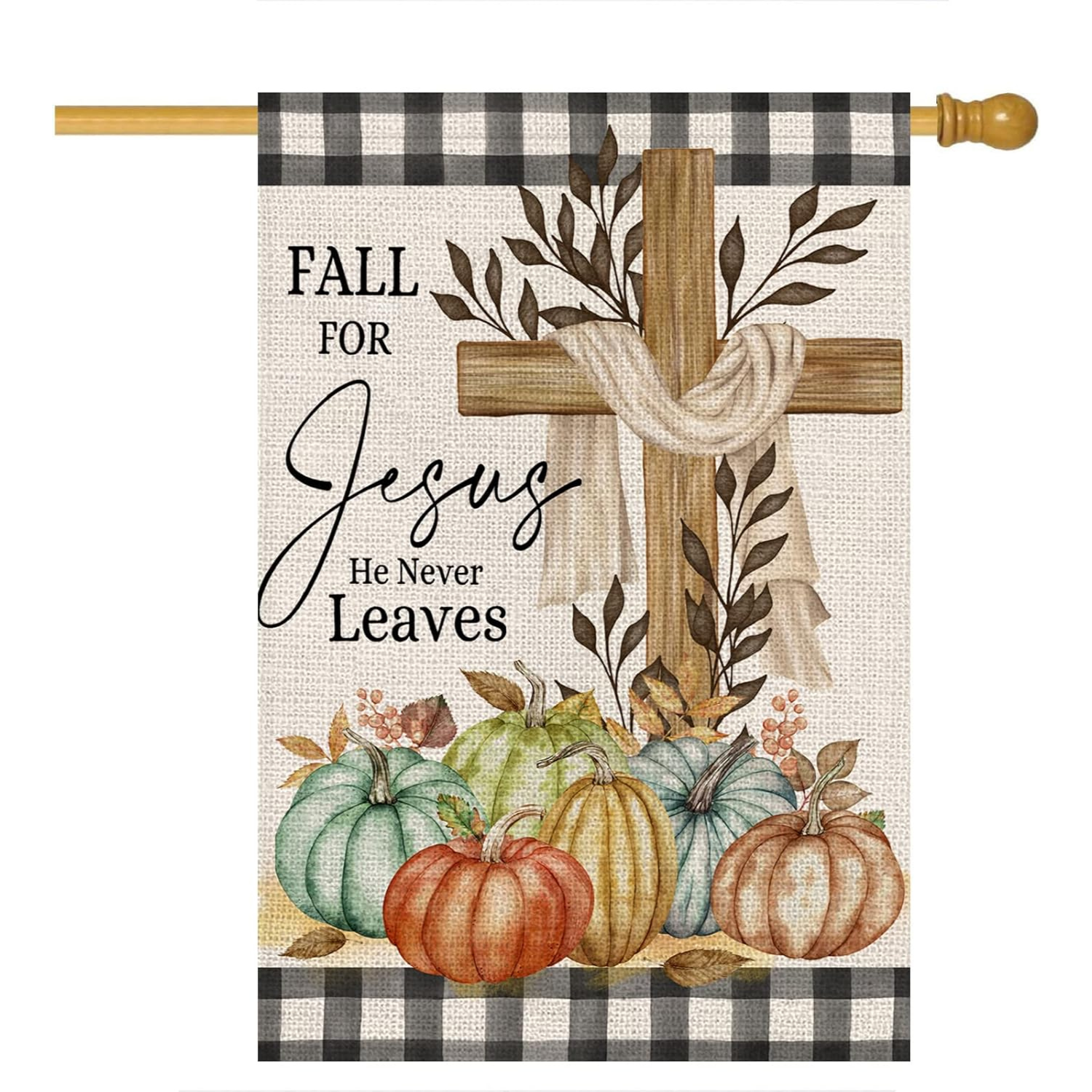 Rustic Autumn Printed Garden Flag With Cross And Pumpkins-Globe Flags