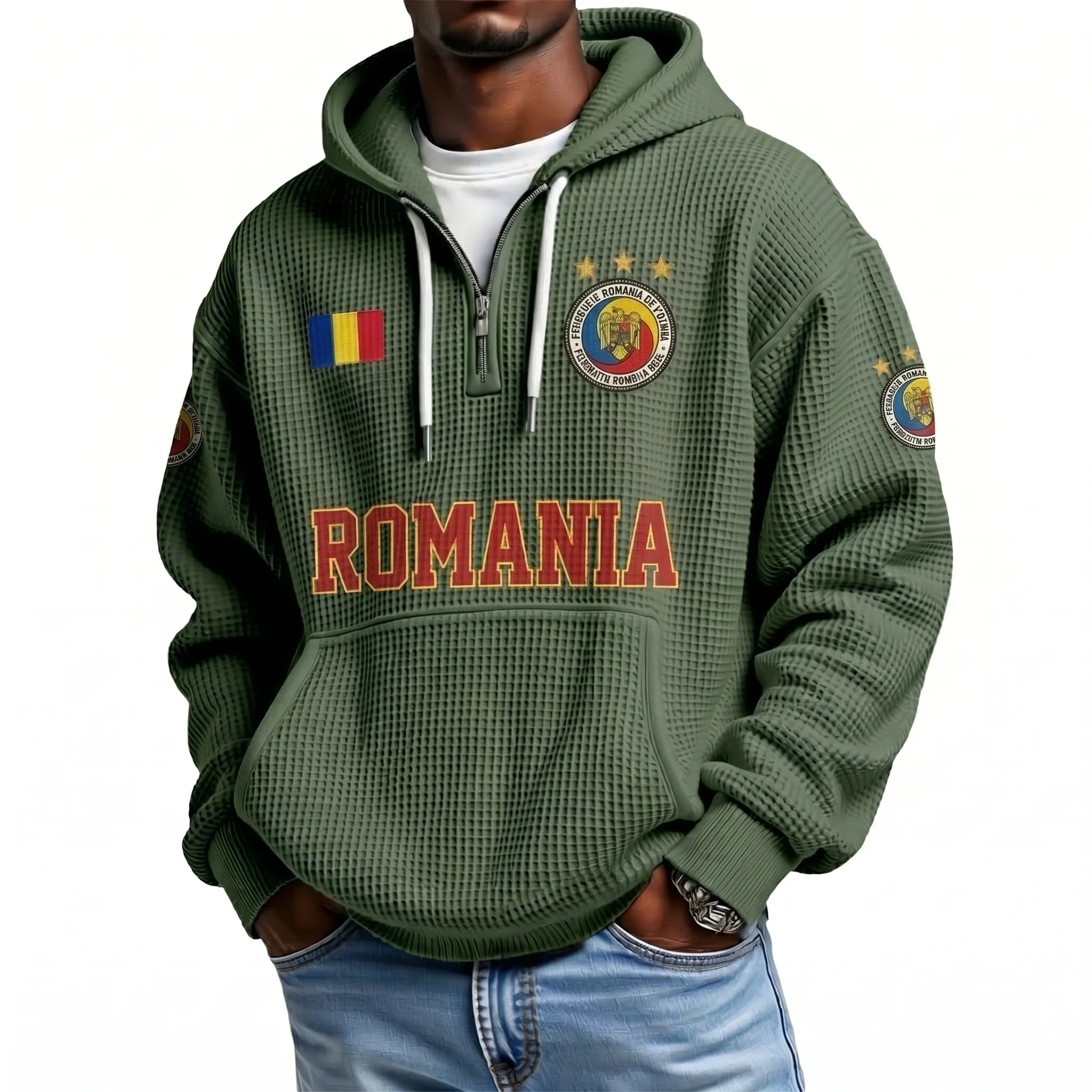 Romania Printed Waffle Quarter Zip Football Fan Hoodie