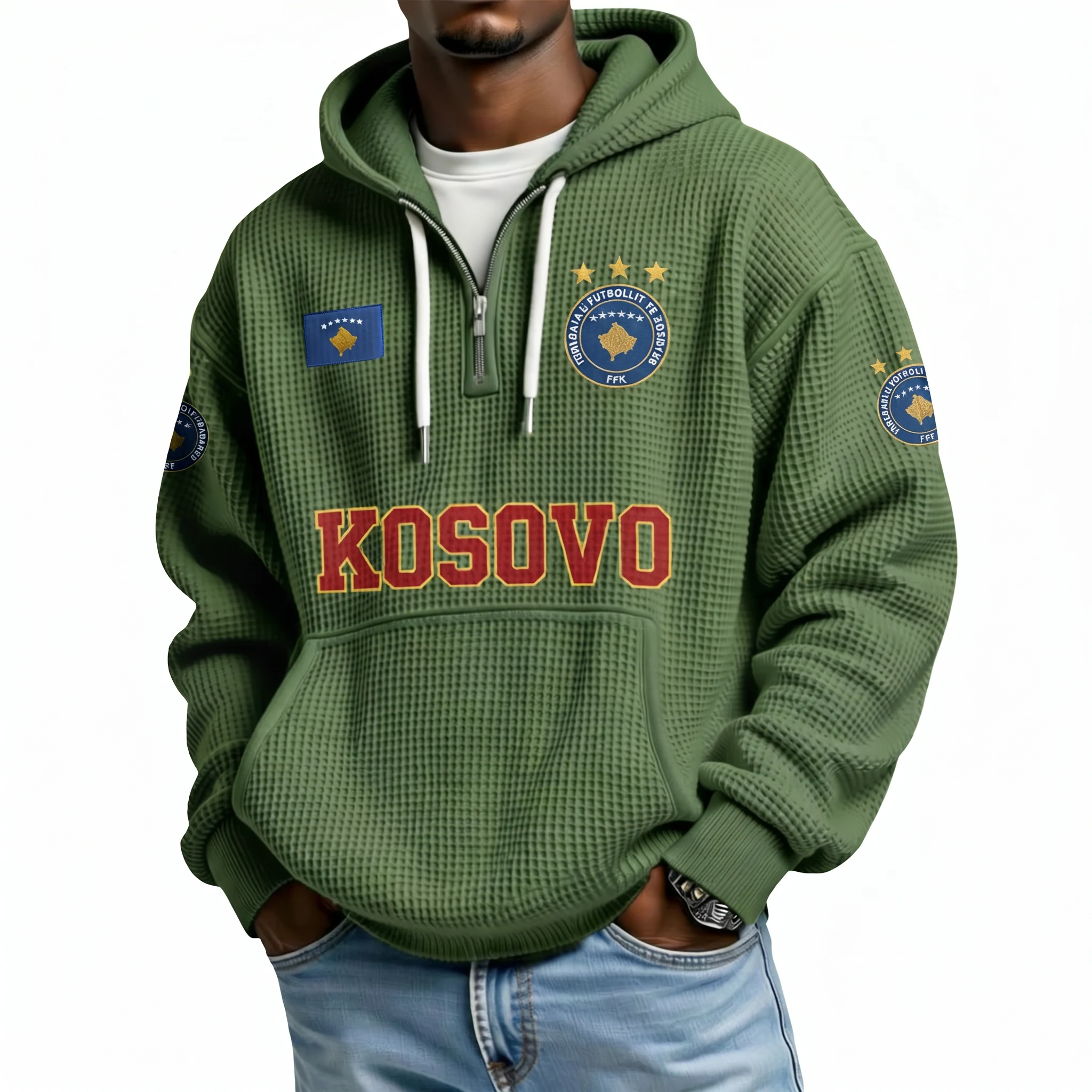 Kosovo Printed Waffle Quarter Zip Football Fan Hoodie