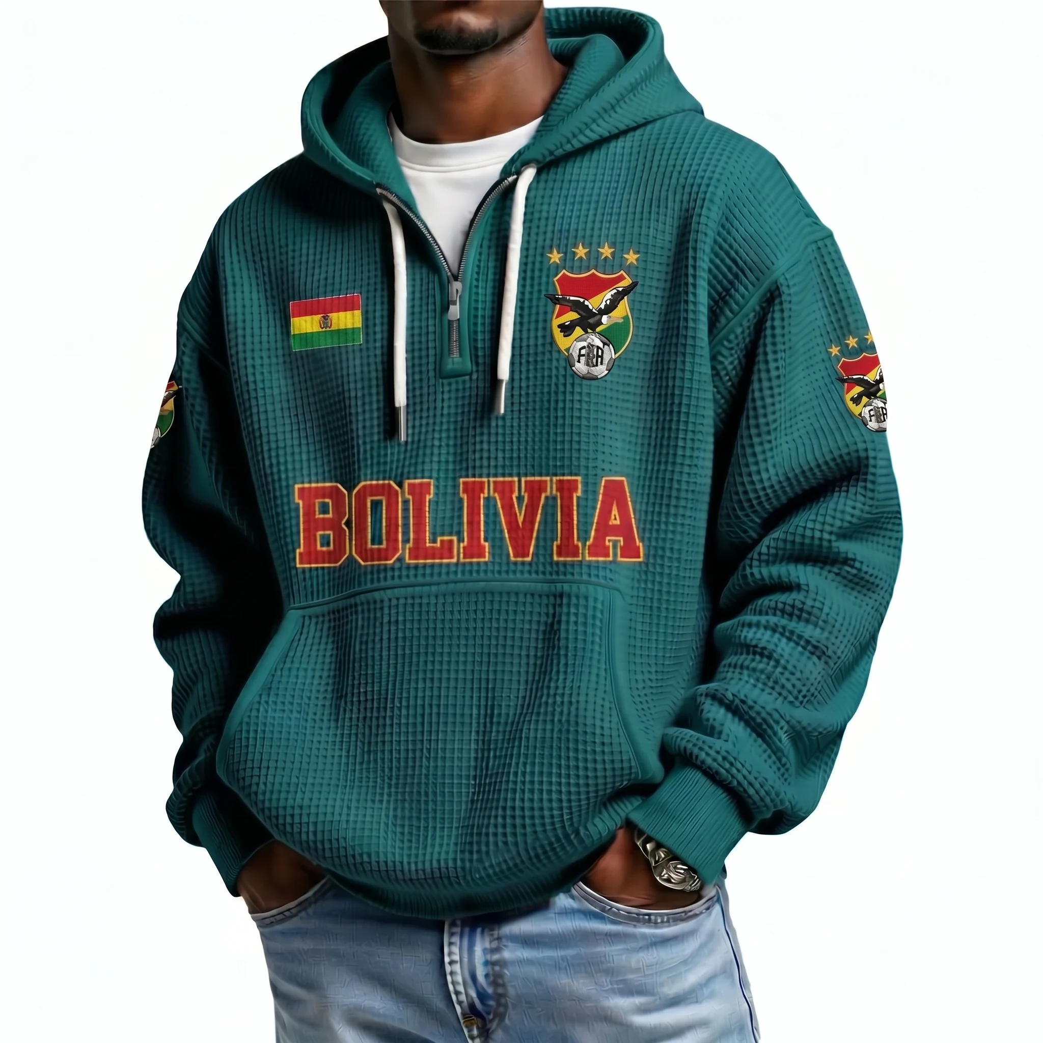 Bolivia Printed Waffle Quarter Zip Football Fan Hoodie