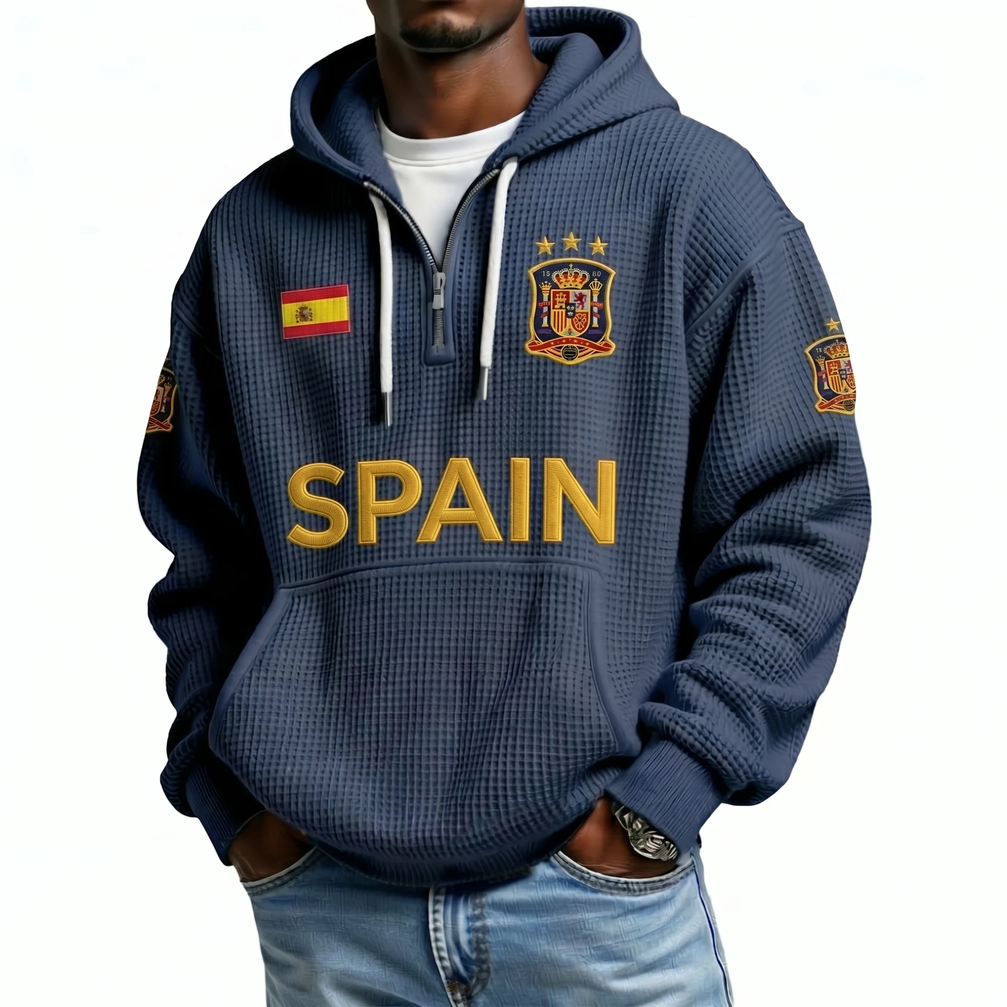 Spain Printed Waffle Quarter Zip Football Fan Hoodie