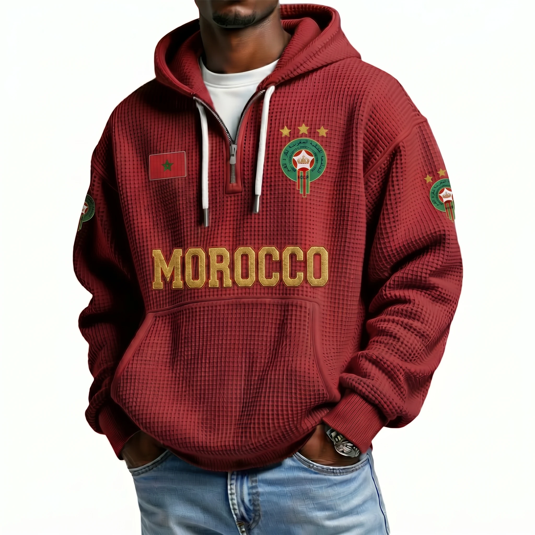 Morocco Printed Waffle Quarter Zip Football Fan Hoodie