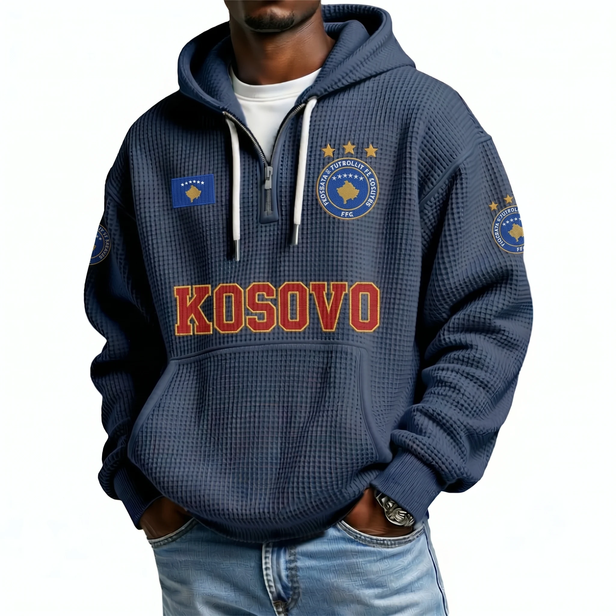 Kosovo Printed Waffle Quarter Zip Football Fan Hoodie
