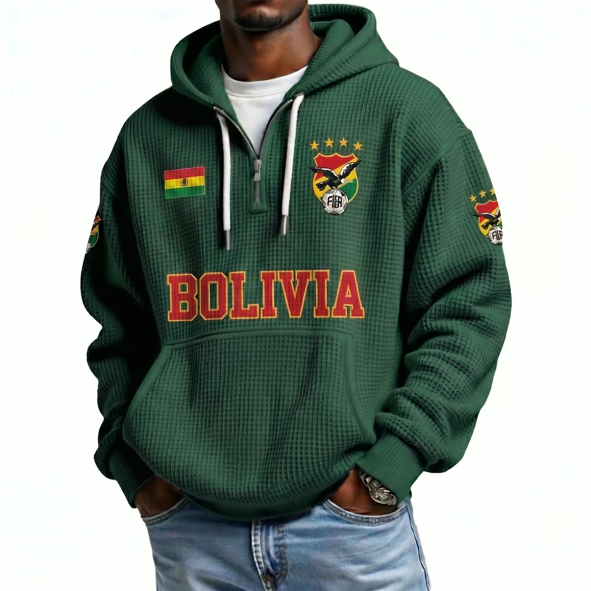 Bolivia Printed Waffle Quarter Zip Football Fan Hoodie