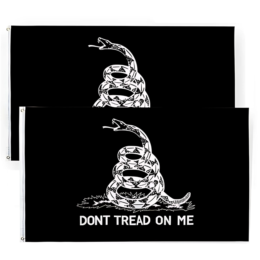Historic Coiled Snake Printed Flag With Bold Emblem with brass grommet hardware detail