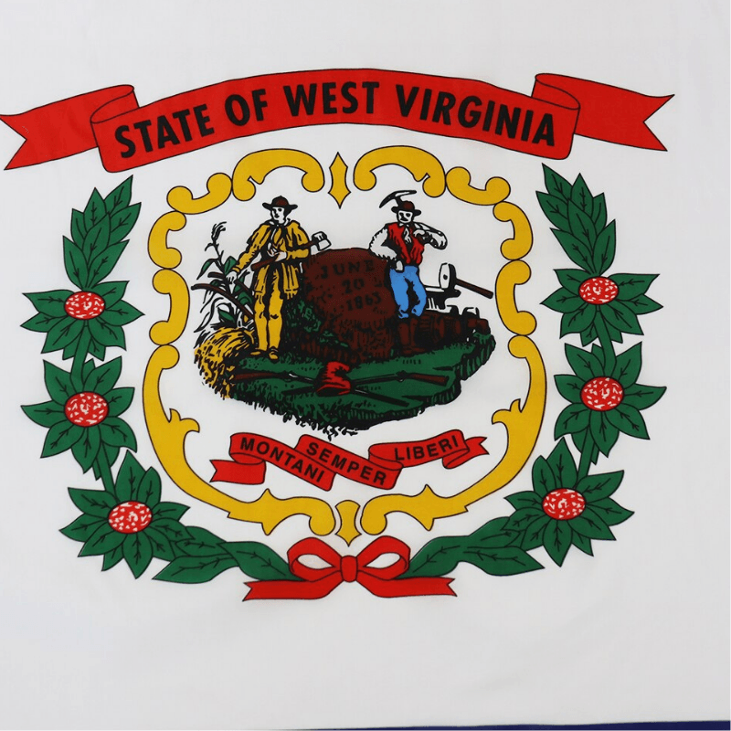 The West Virginia State Flag flying on outdoor flagpole