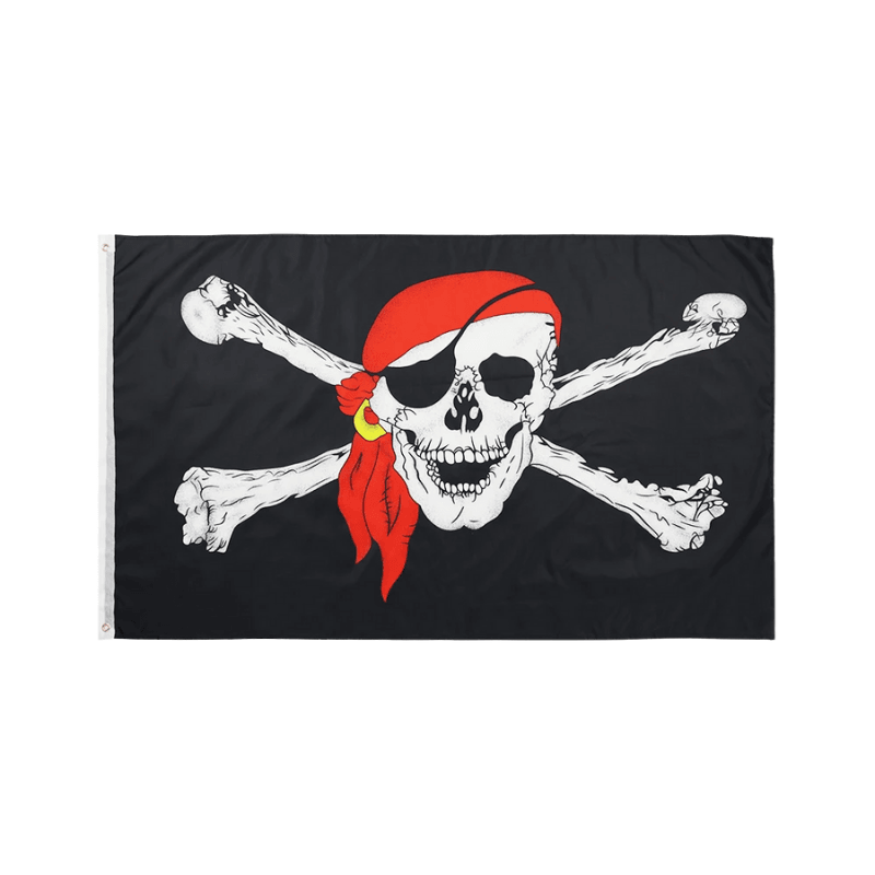 Jolly Roger Pirate Flag Banner With Red Headscarf - front view