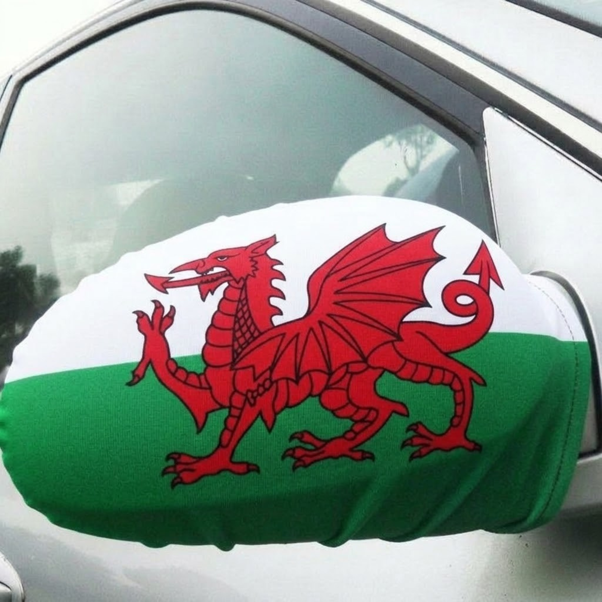 Official FIFA 2026 Wales Car Mirror Flag on vehicle mirror while parked
