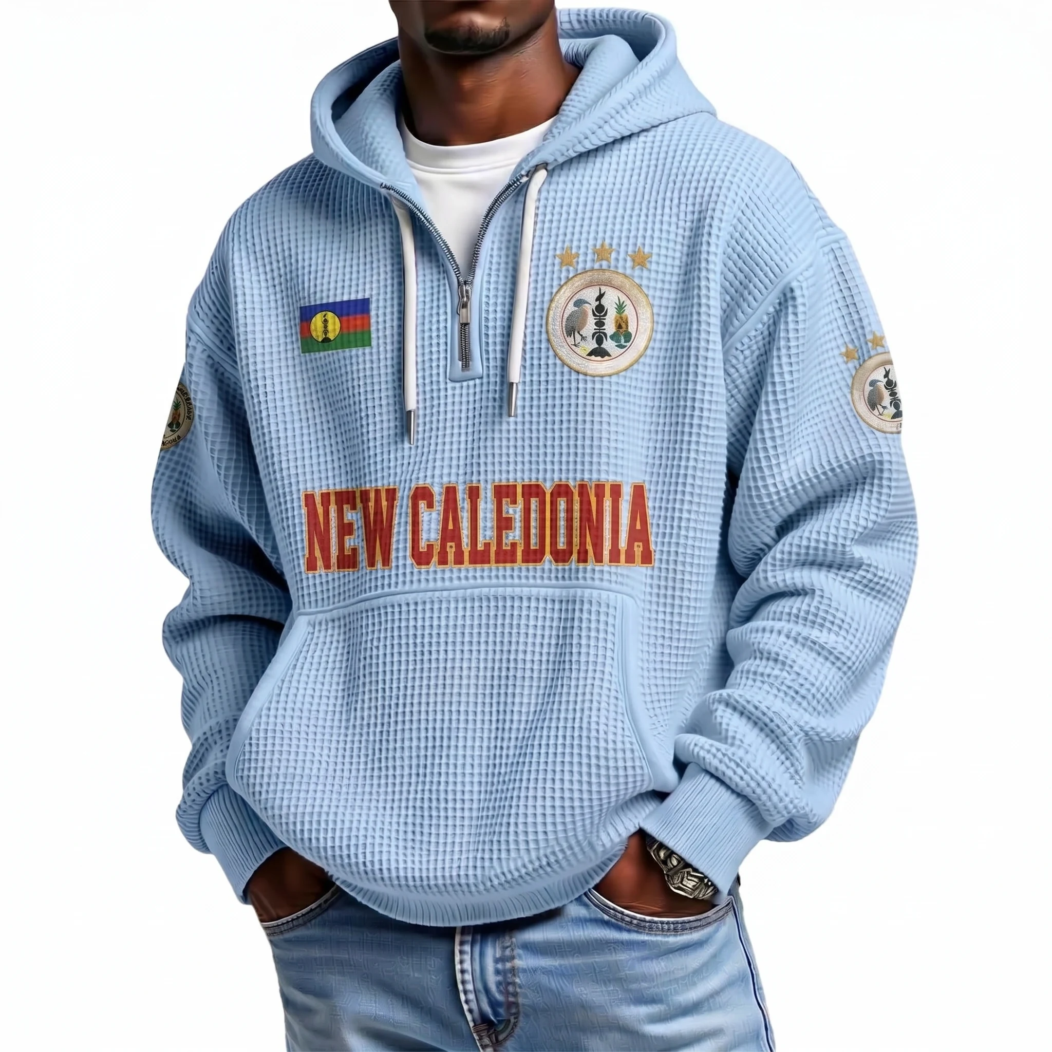 New Caledonia Printed Waffle Quarter Zip Football Fan Hoodie