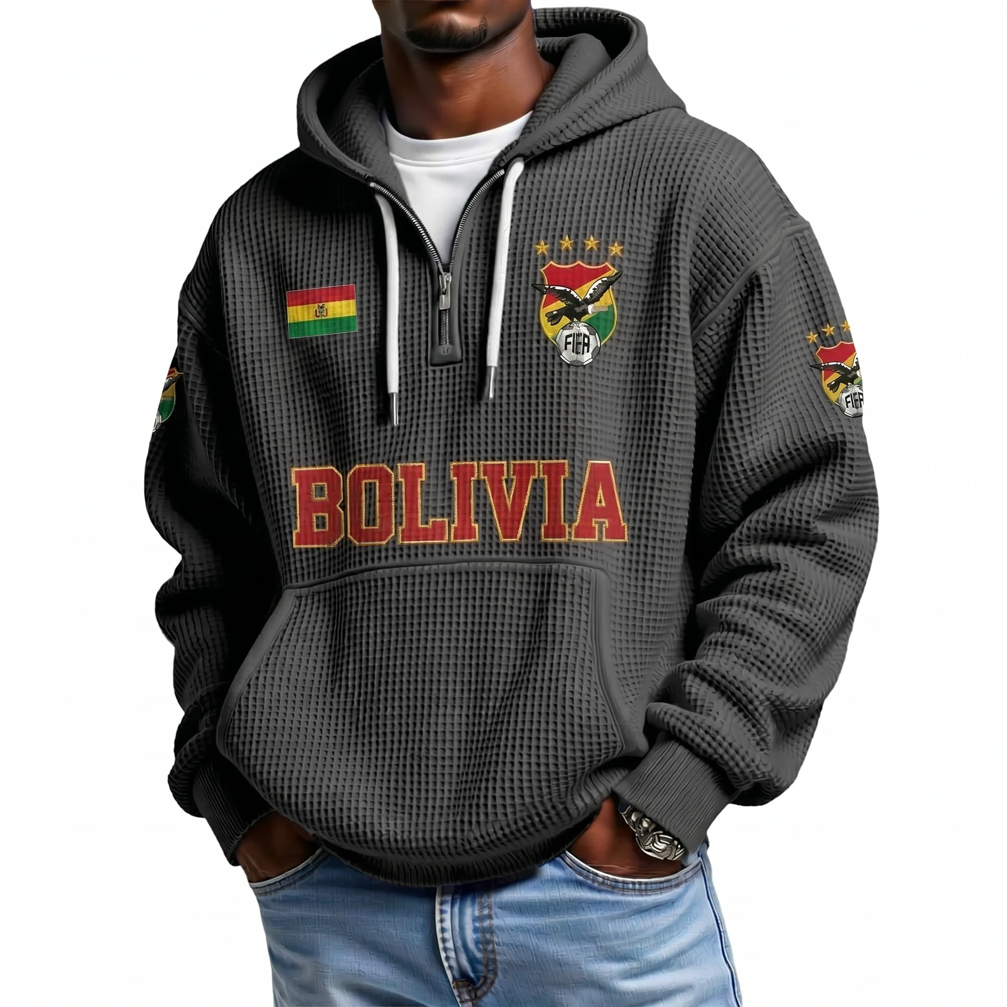 Bolivia Printed Waffle Quarter Zip Football Fan Hoodie