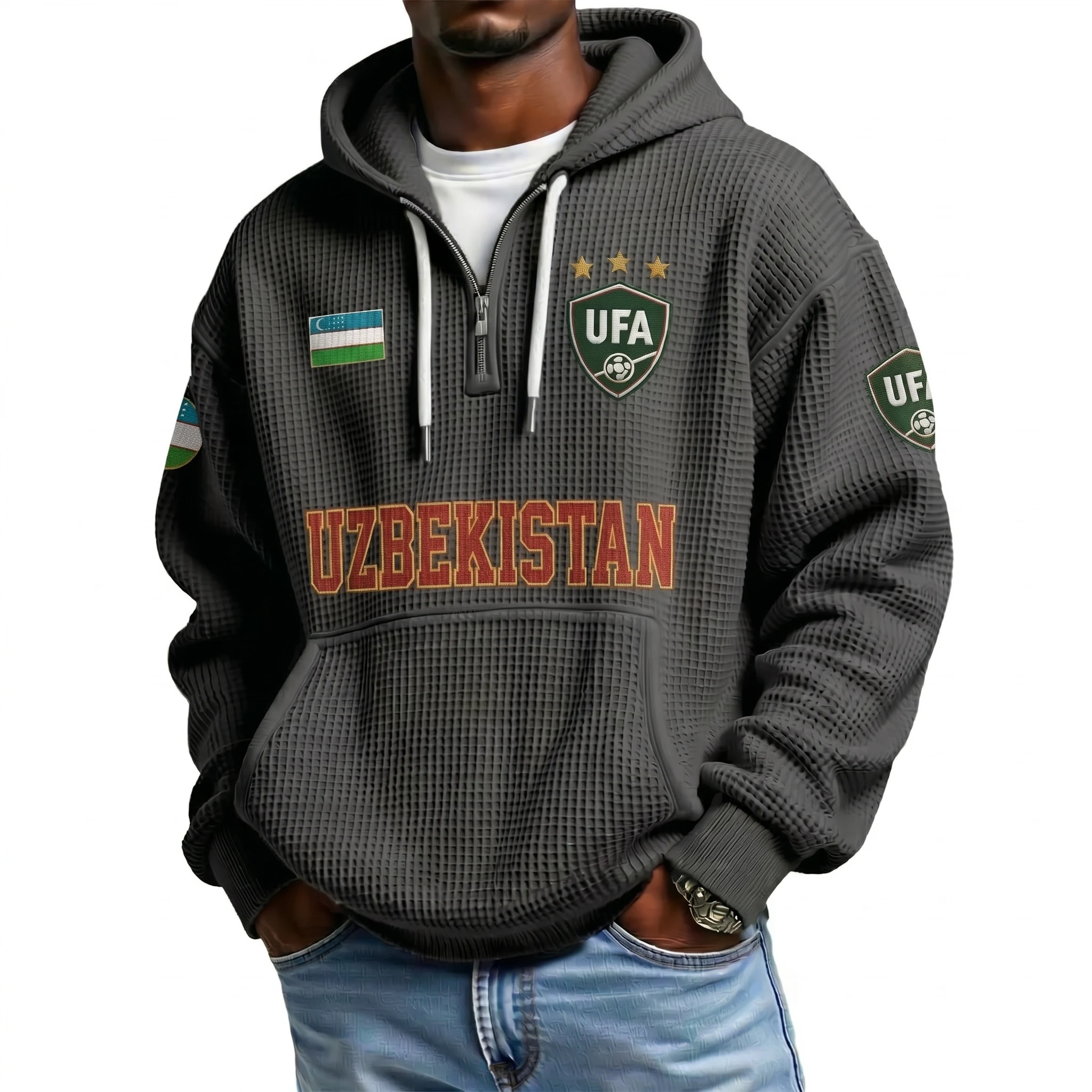 Uzbekistan Printed Waffle Quarter Zip Football Fan Hoodie