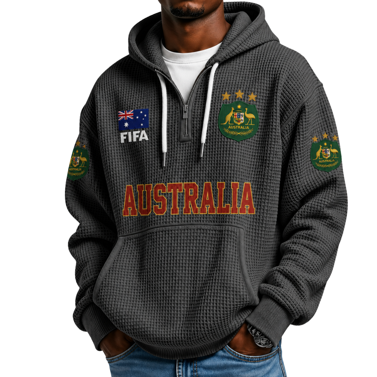 FIFA 2026 Australia Printed Waffle Quarter Zip Football Fan Hoodie