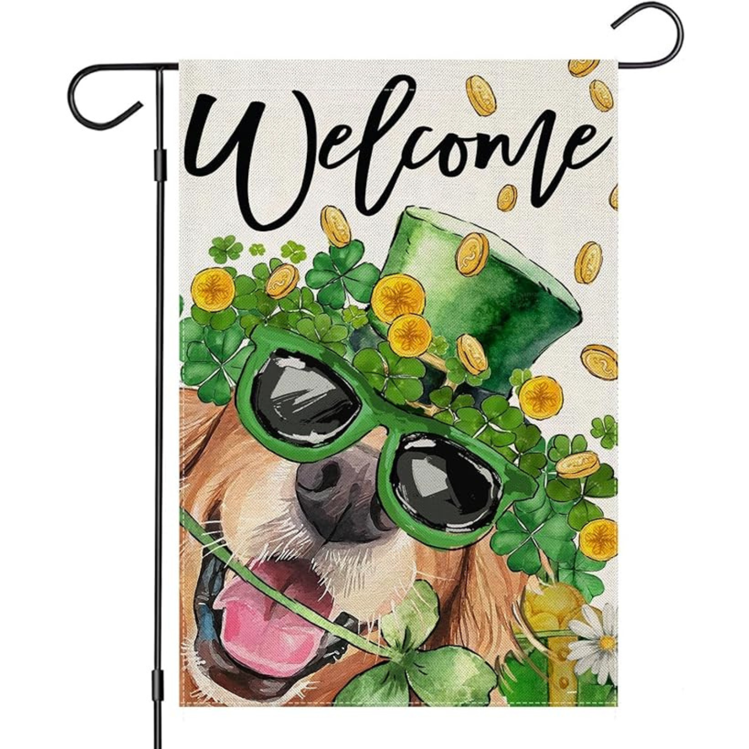 Welcome Shamrocks Garden Flags in garden yard setting