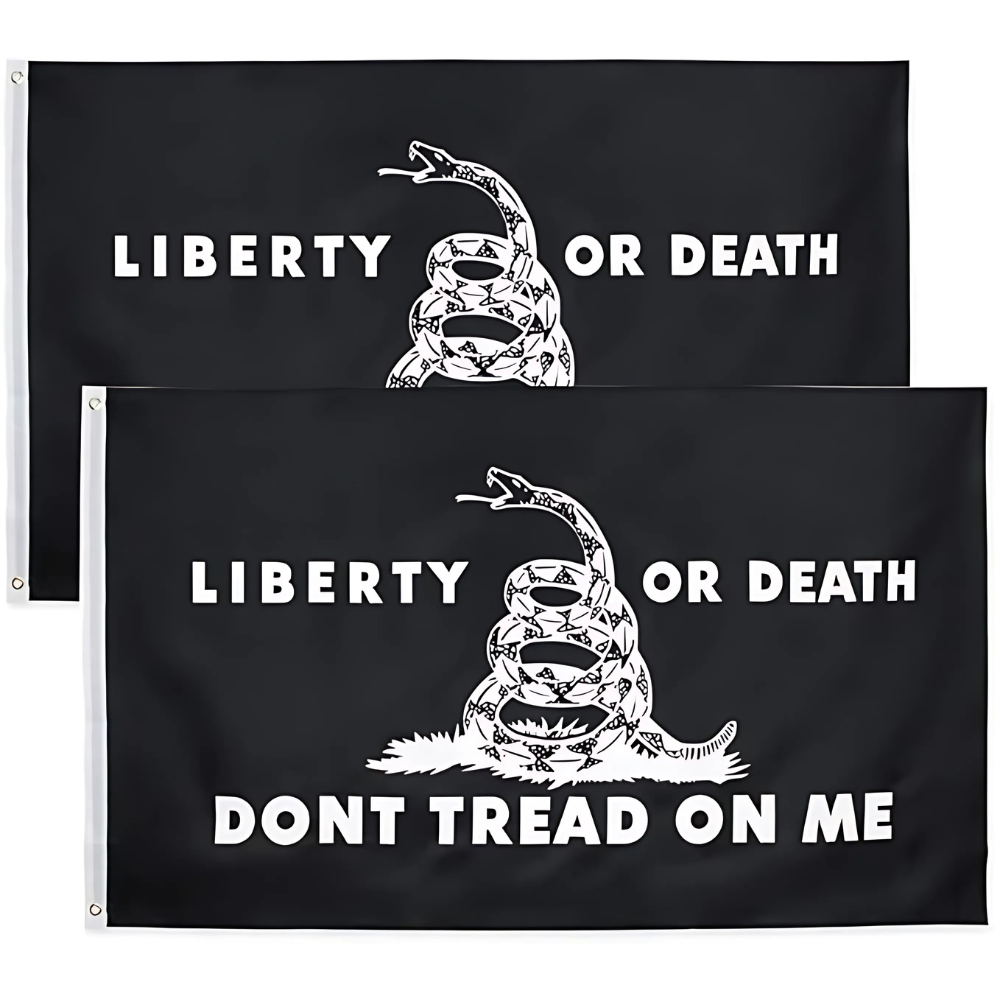 Historic Coiled Snake Printed Flag With Bold Emblem - front view on white background