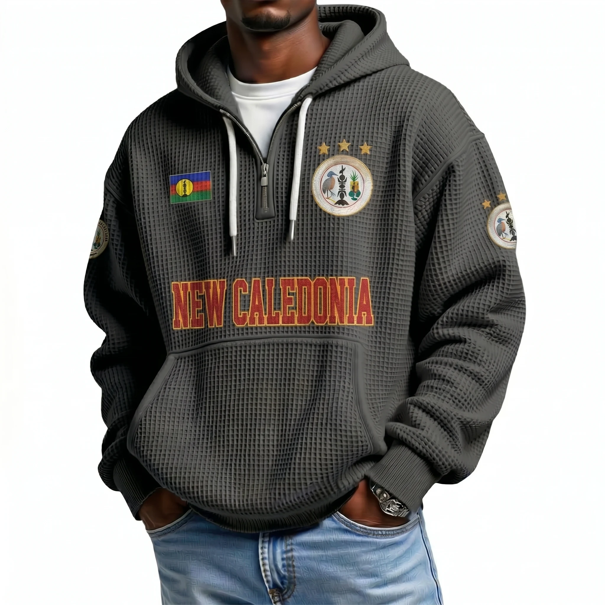 New Caledonia Printed Waffle Quarter Zip Football Fan Hoodie