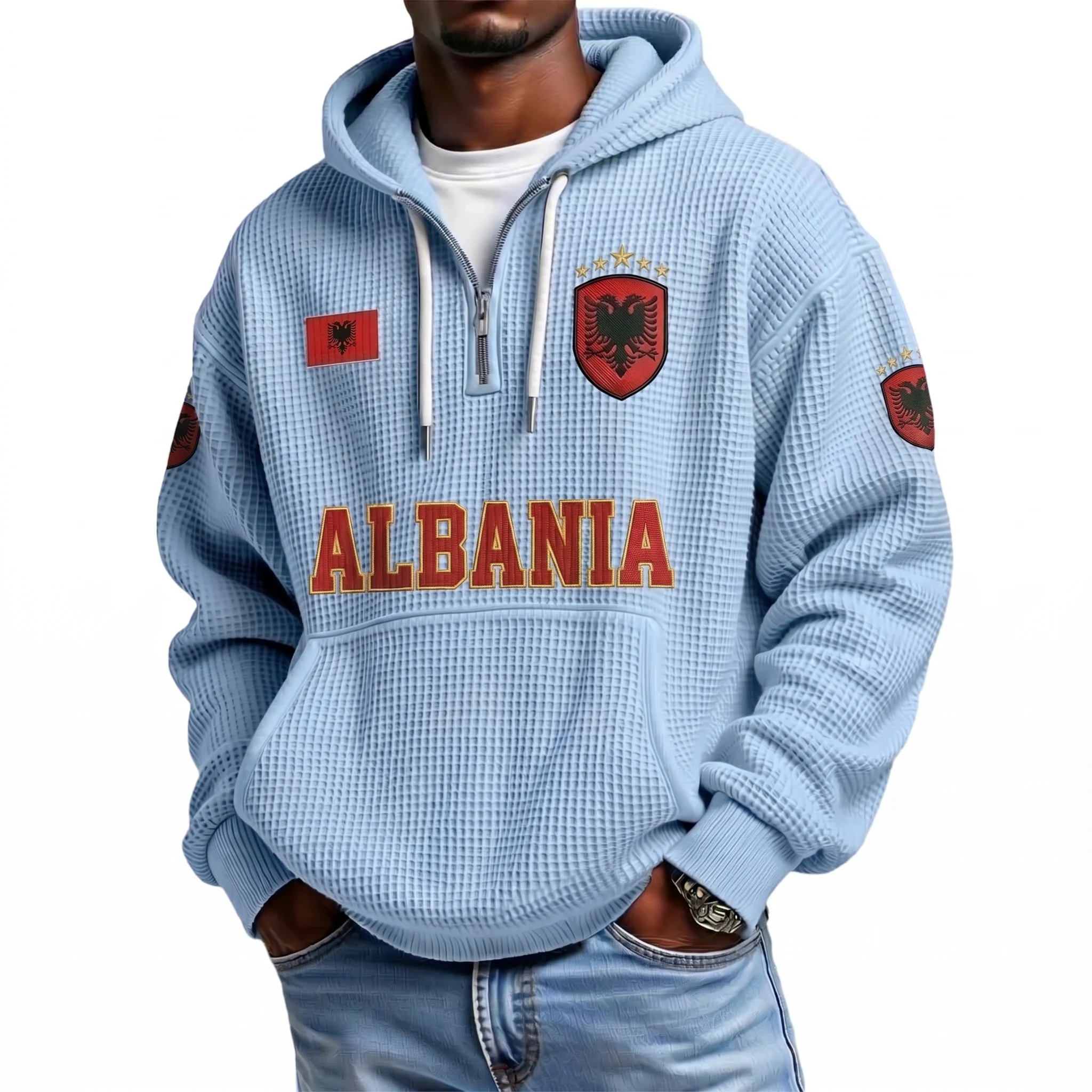 Albania Printed Waffle Quarter Zip Football Fan Hoodie