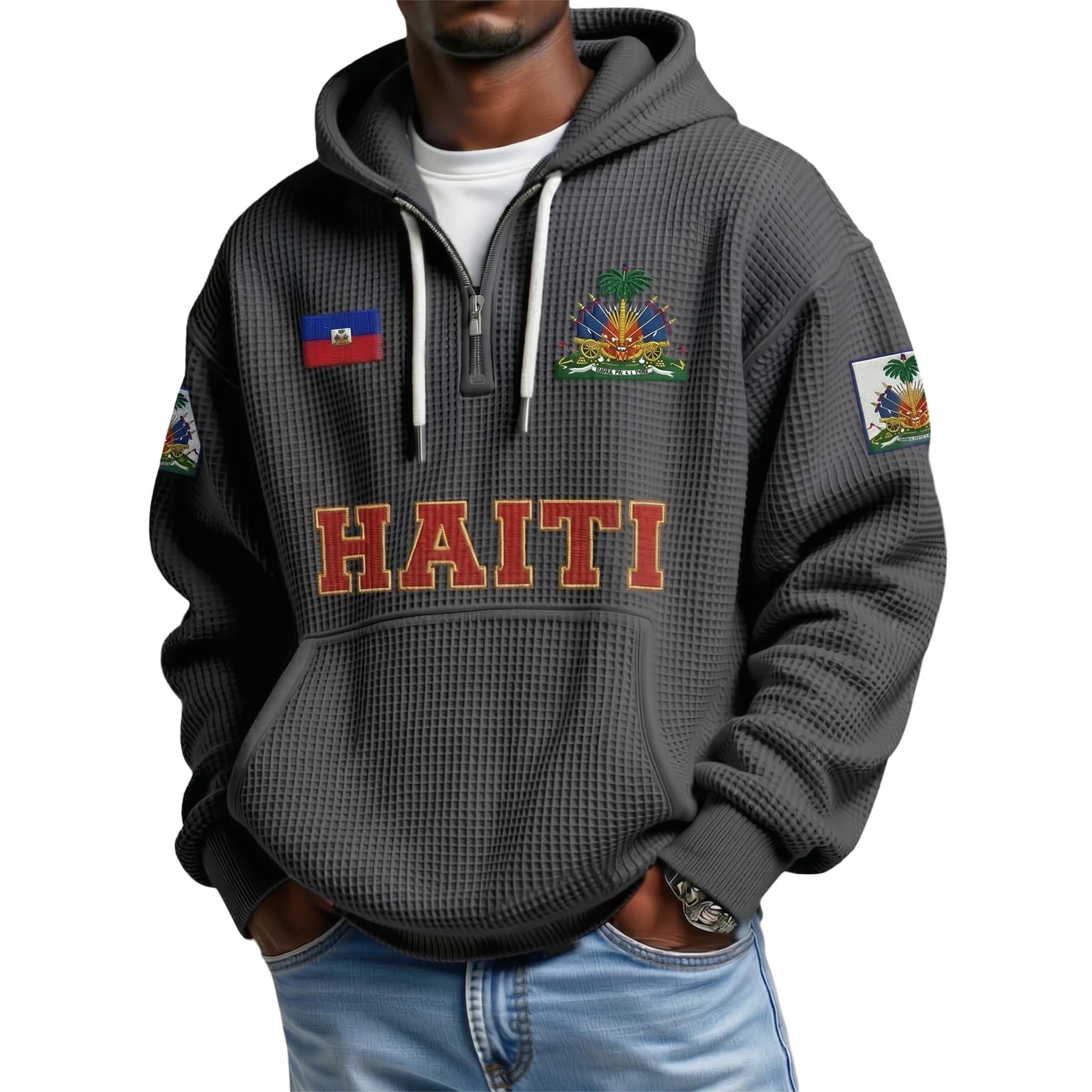 Haiti Printed Waffle Quarter Zip Football Fan Hoodie