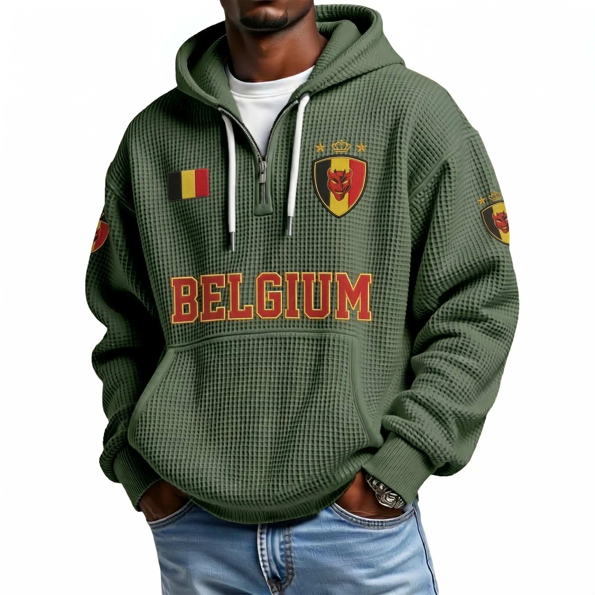 Belgium Printed Waffle Quarter Zip Football Fan Hoodie