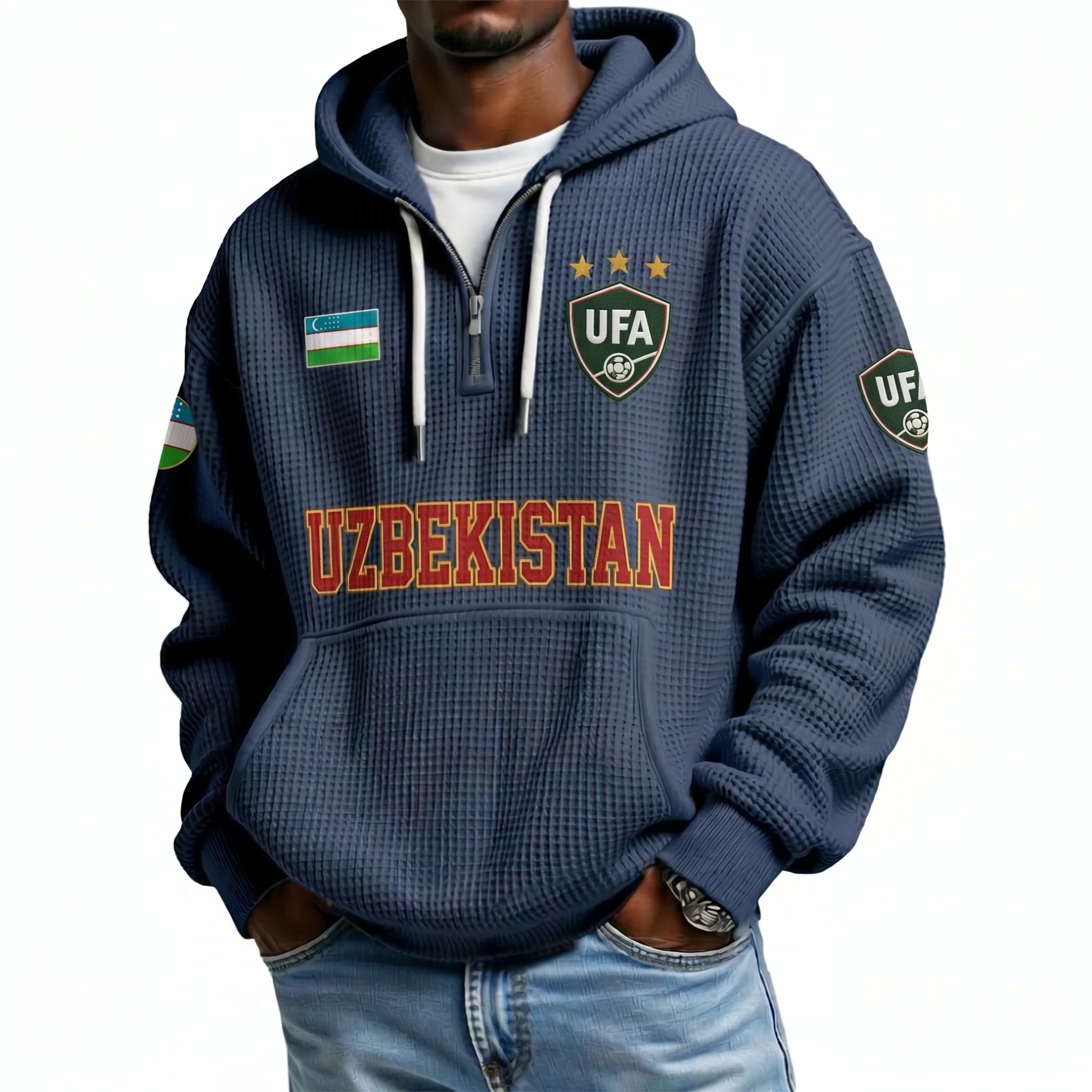 Uzbekistan Printed Waffle Quarter Zip Football Fan Hoodie