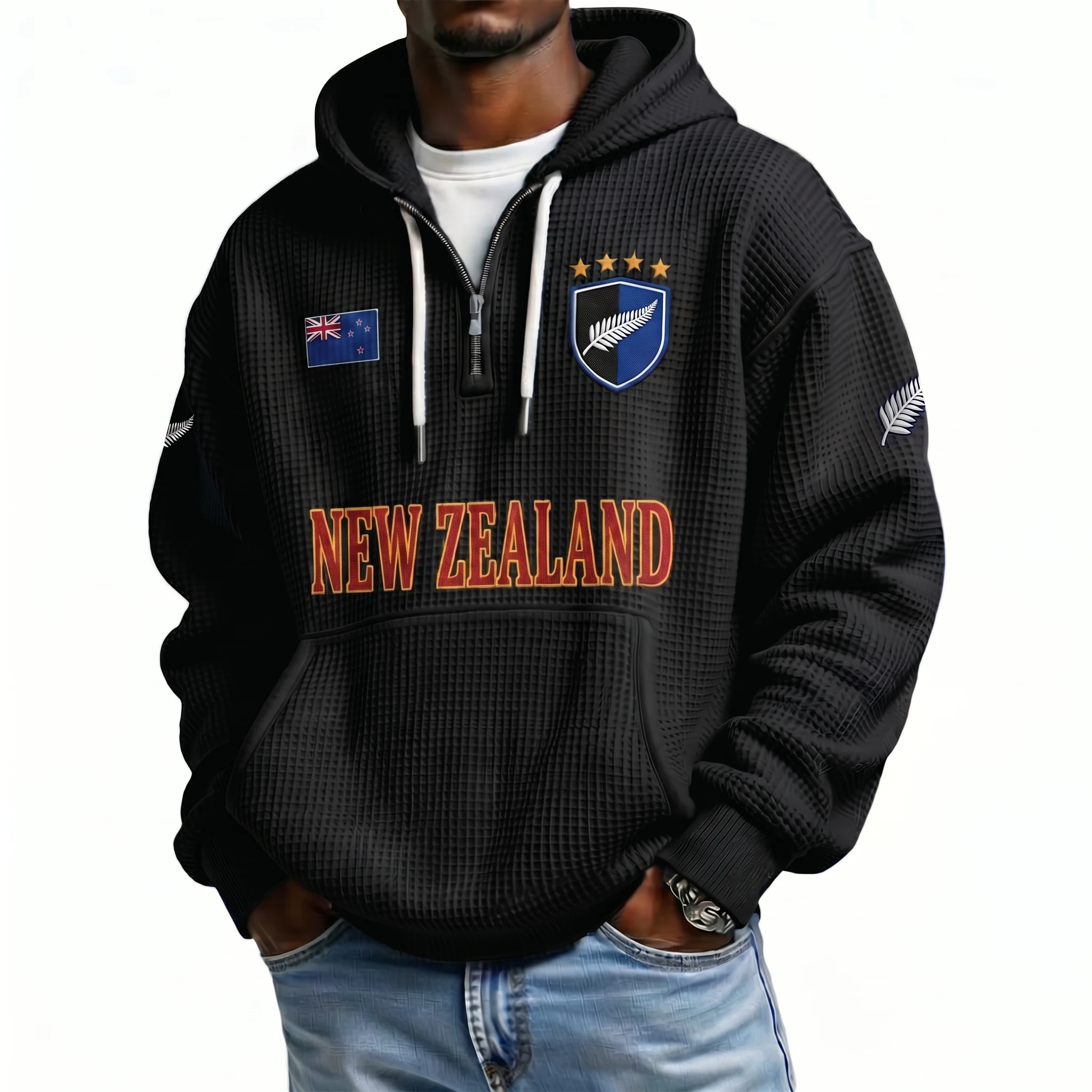New Zealand Printed Waffle Quarter Zip Football Fan Hoodie