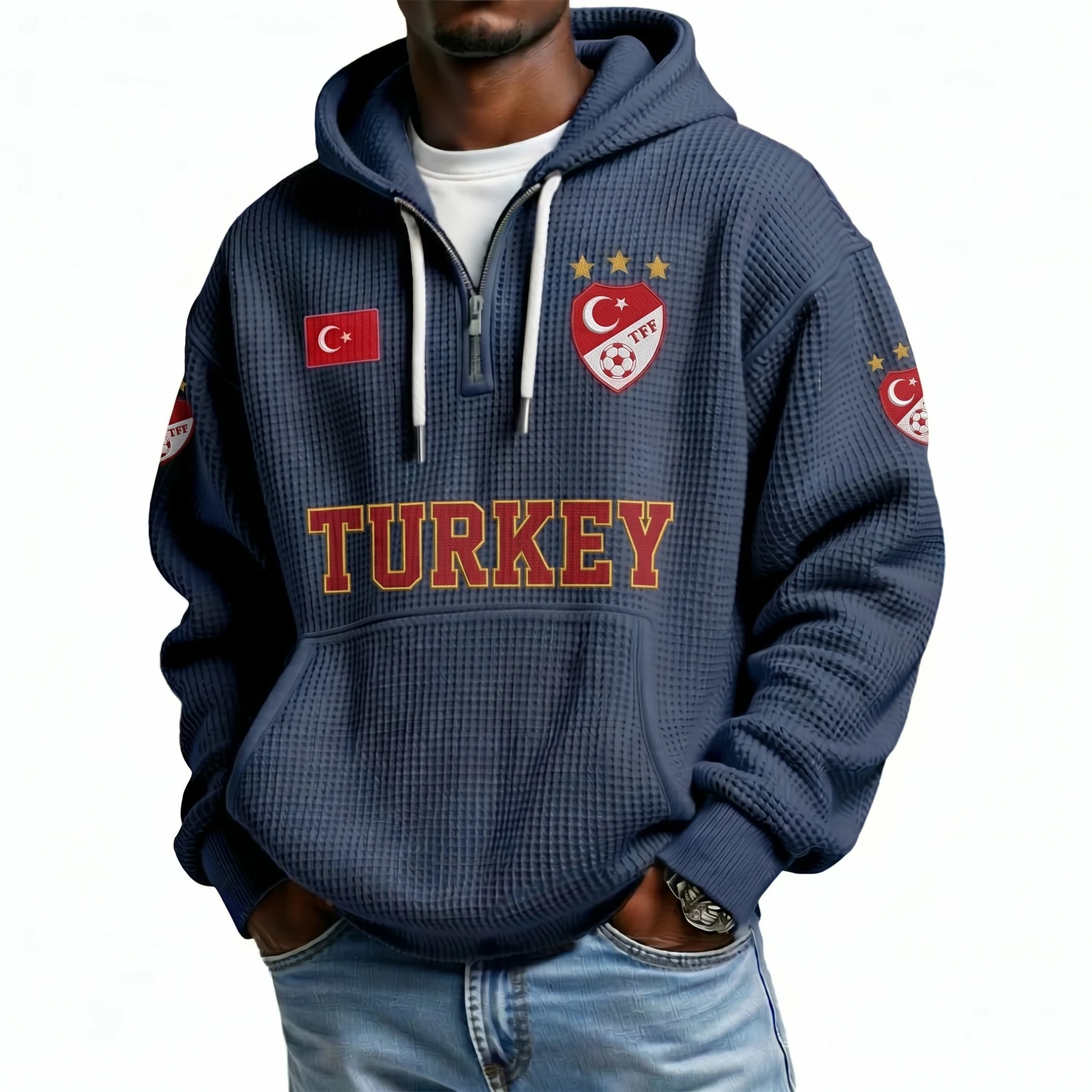 Turkey Printed Waffle Quarter Zip Football Fan Hoodie