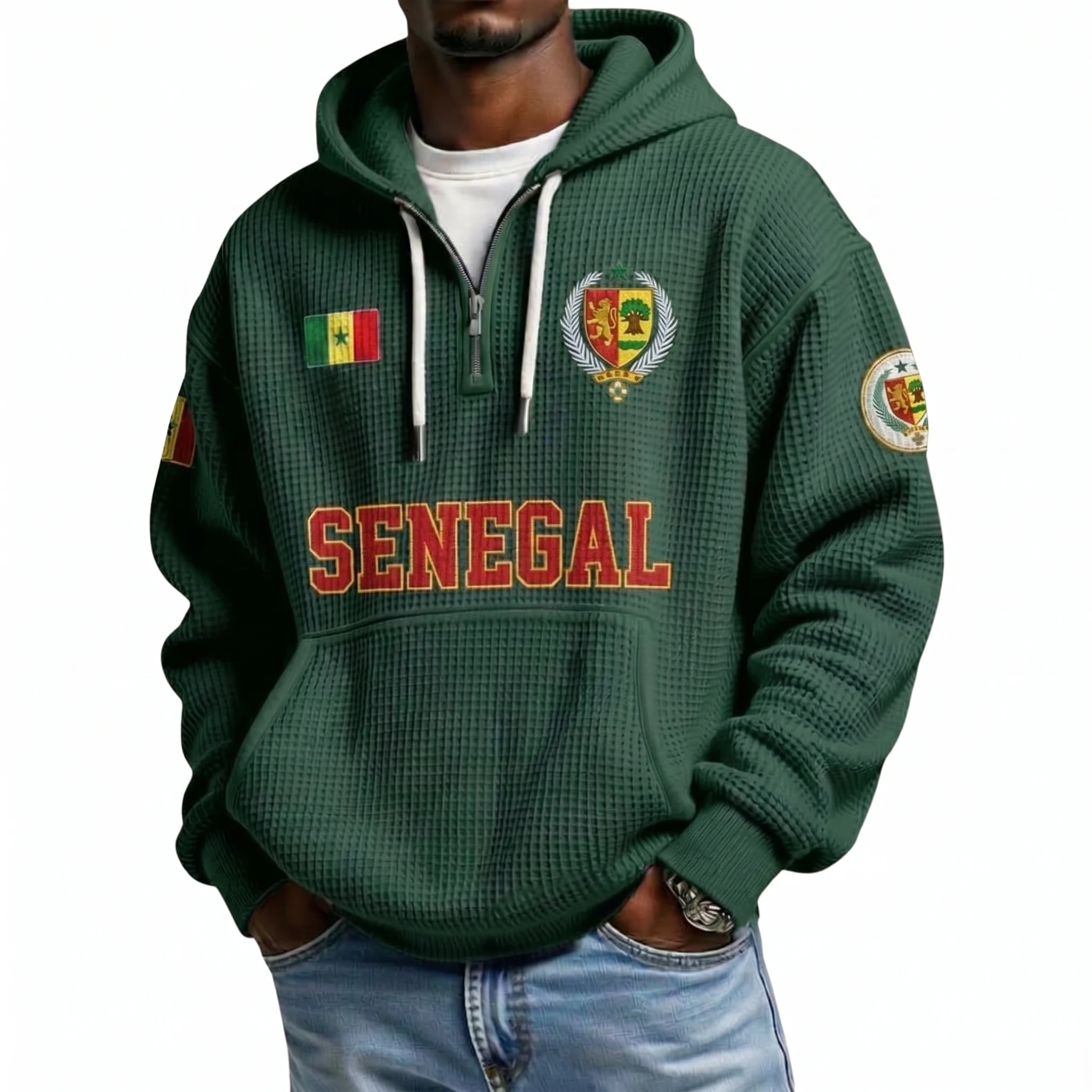 Senegal Printed Waffle Quarter Zip Football Fan Hoodie