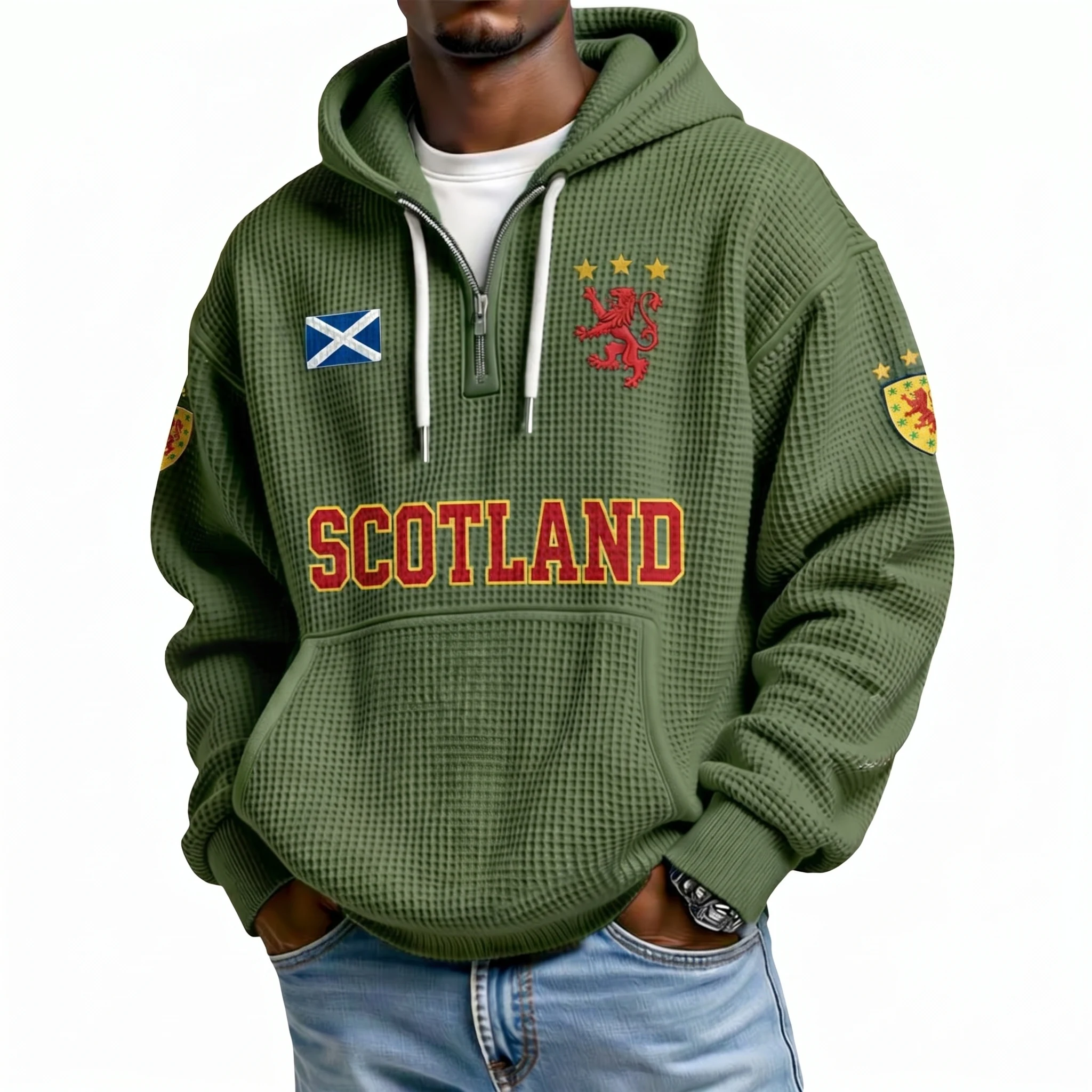 Scotland Printed Waffle Quarter Zip Football Fan Hoodie