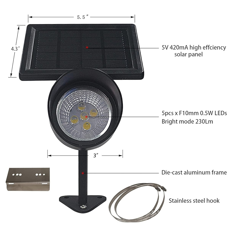 Solar Flag Pole Light With 5 Bright LEDs And Adjustable Clamp