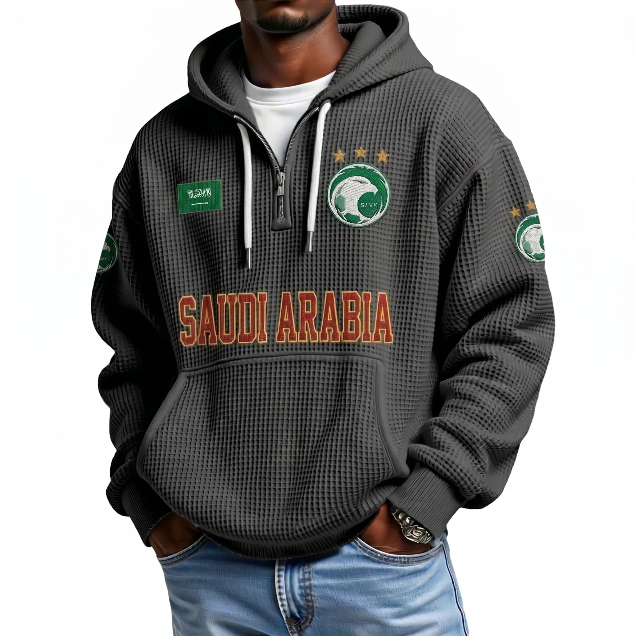Saudi Arabia Printed Waffle Quarter Zip Football Fan Hoodie