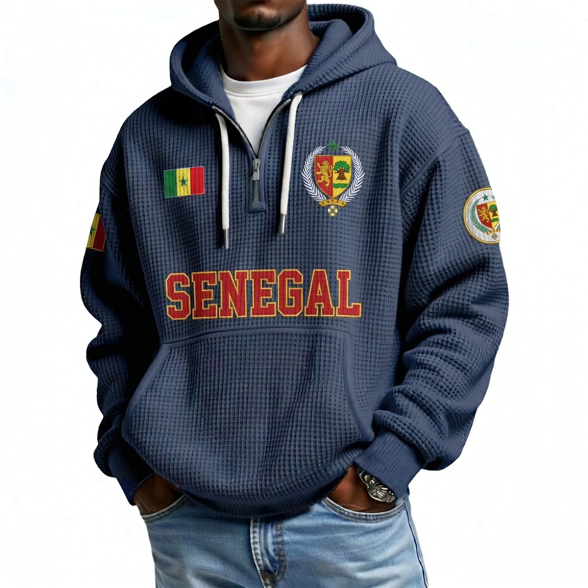 Senegal Printed Waffle Quarter Zip Football Fan Hoodie