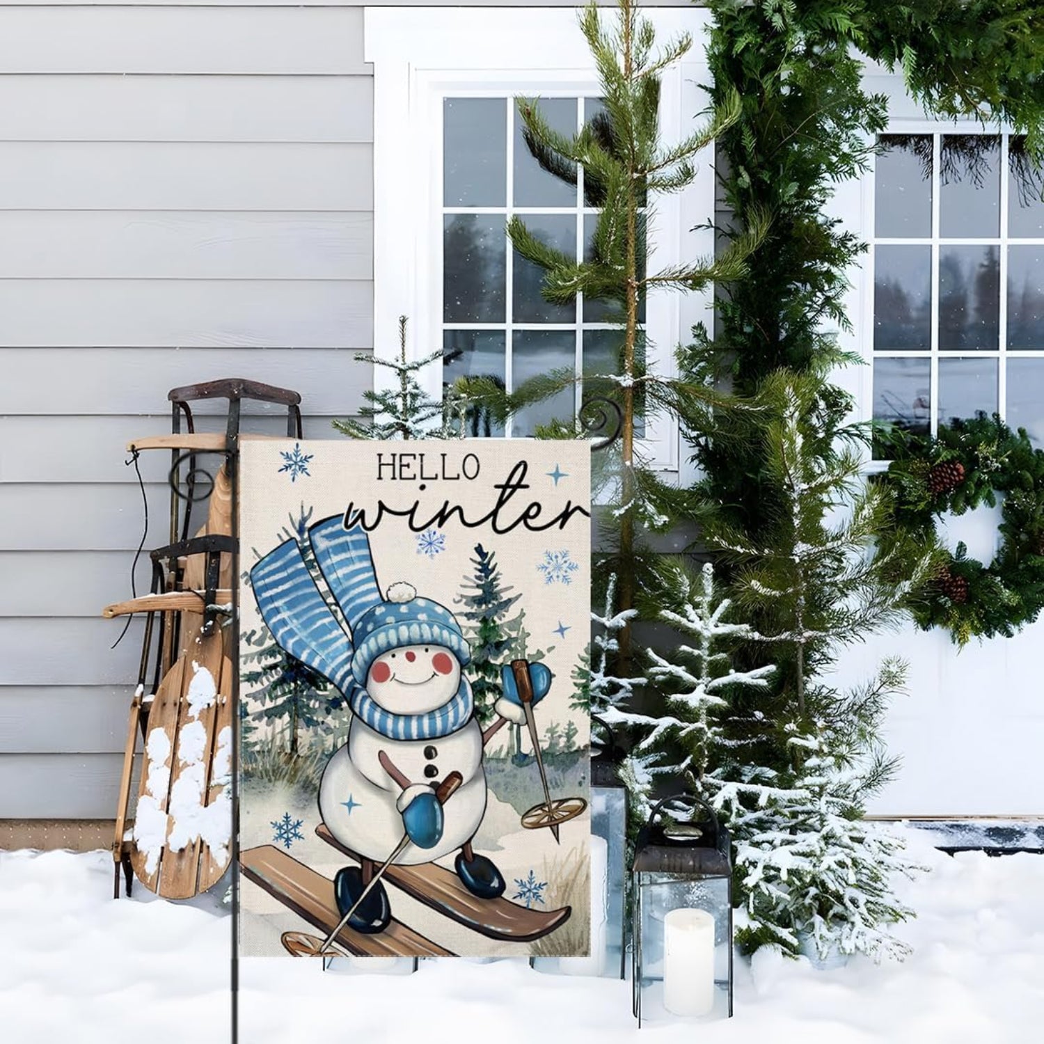 Snowman Printed Garden Flag - brass grommets and reinforced edge detail