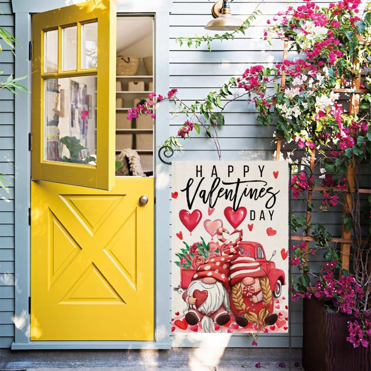 Happy Valentines Day Patterned Flag - brass grommets and reinforced edge detail