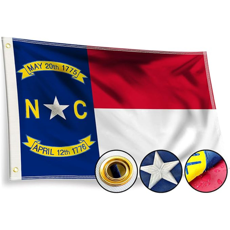 North Carolina Double Sided Embroidered Flag close-up showing fabric texture and vivid colors