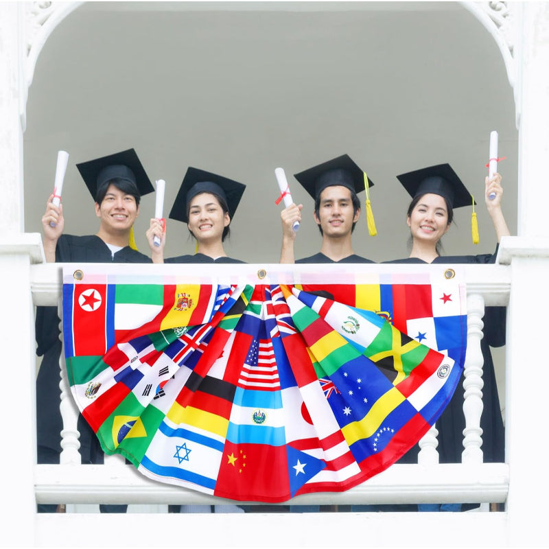 3 Set International Flags Fan Banner close-up showing fabric and print quality