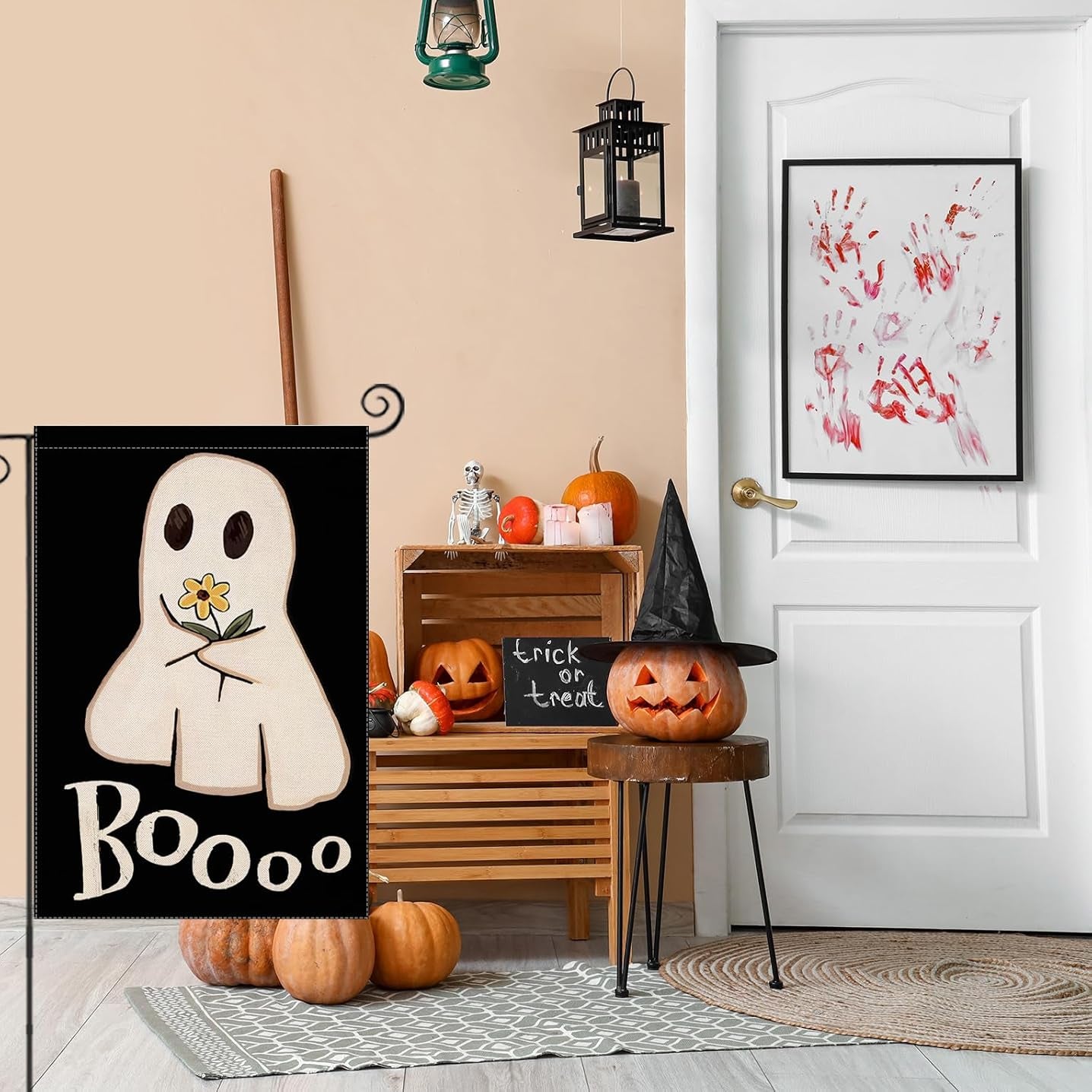 Decorative Halloween Themed Garden Flag - full flag spread flat showing complete design