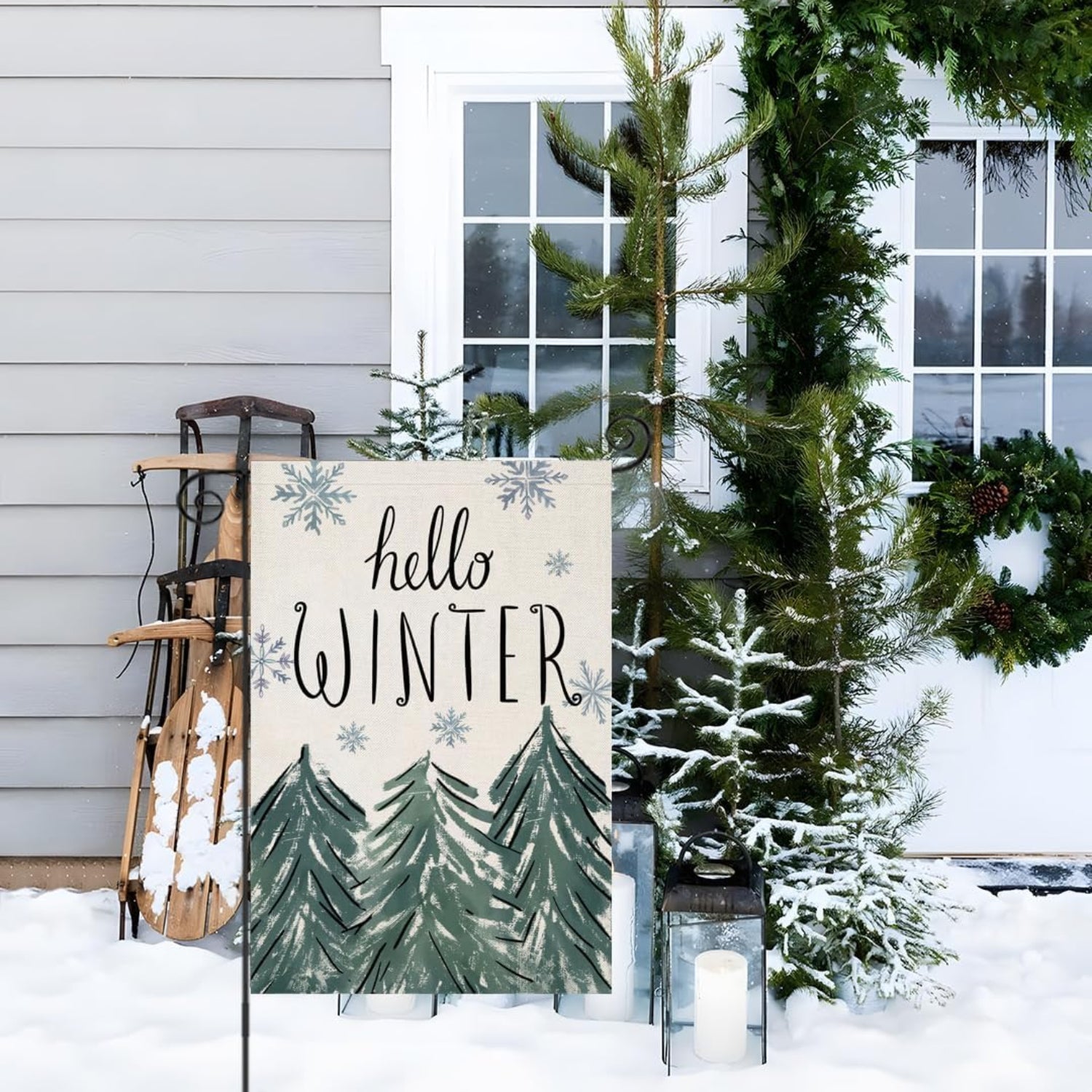 Christmas Tree Designed Flag Banner For Yard Decor banner in use setting
