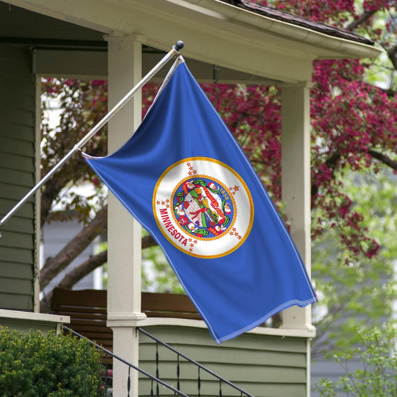 Minnesota State Flag With Embroidered Design close-up showing fabric texture and vivid colors