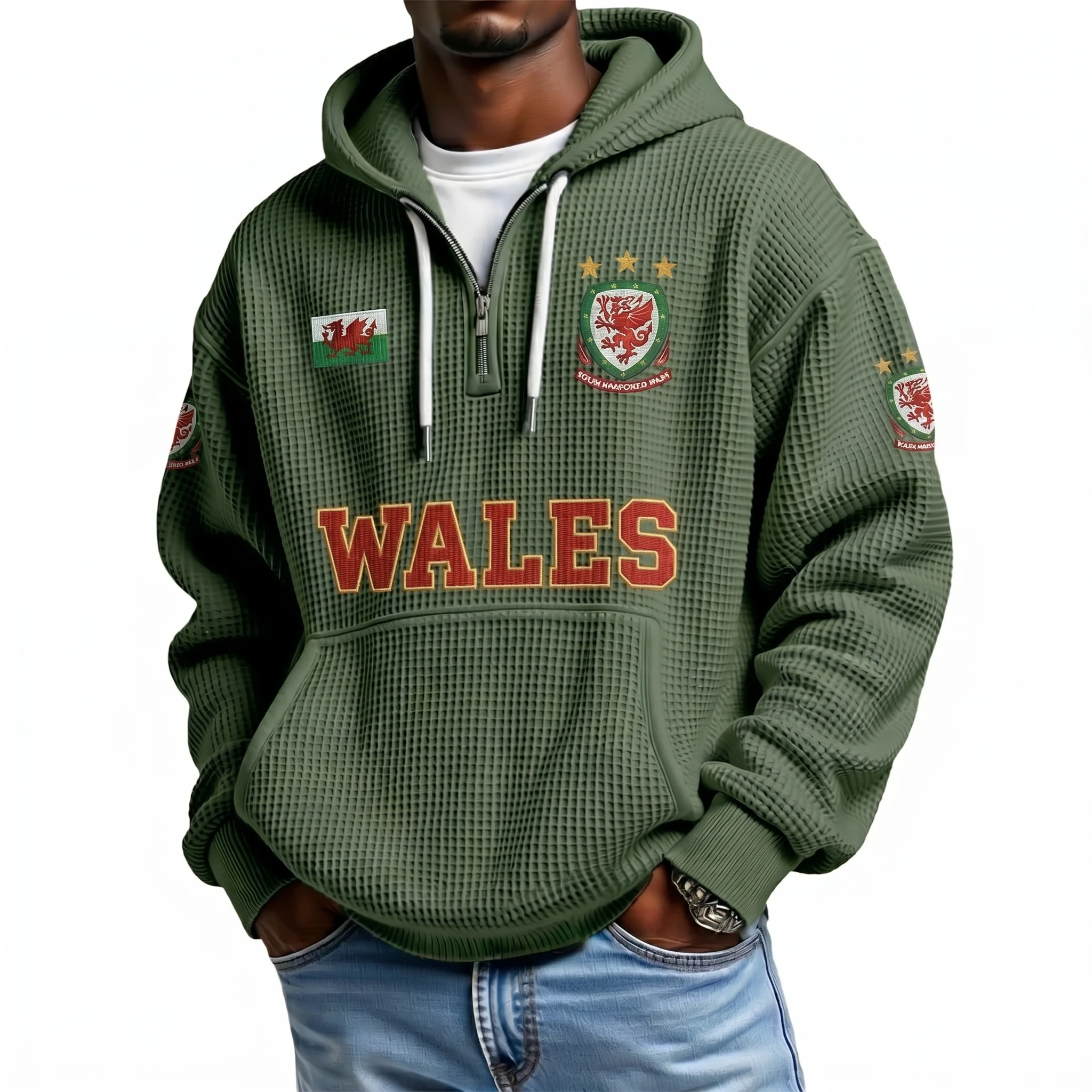 Wales Printed Waffle Quarter Zip Football Fan Hoodie